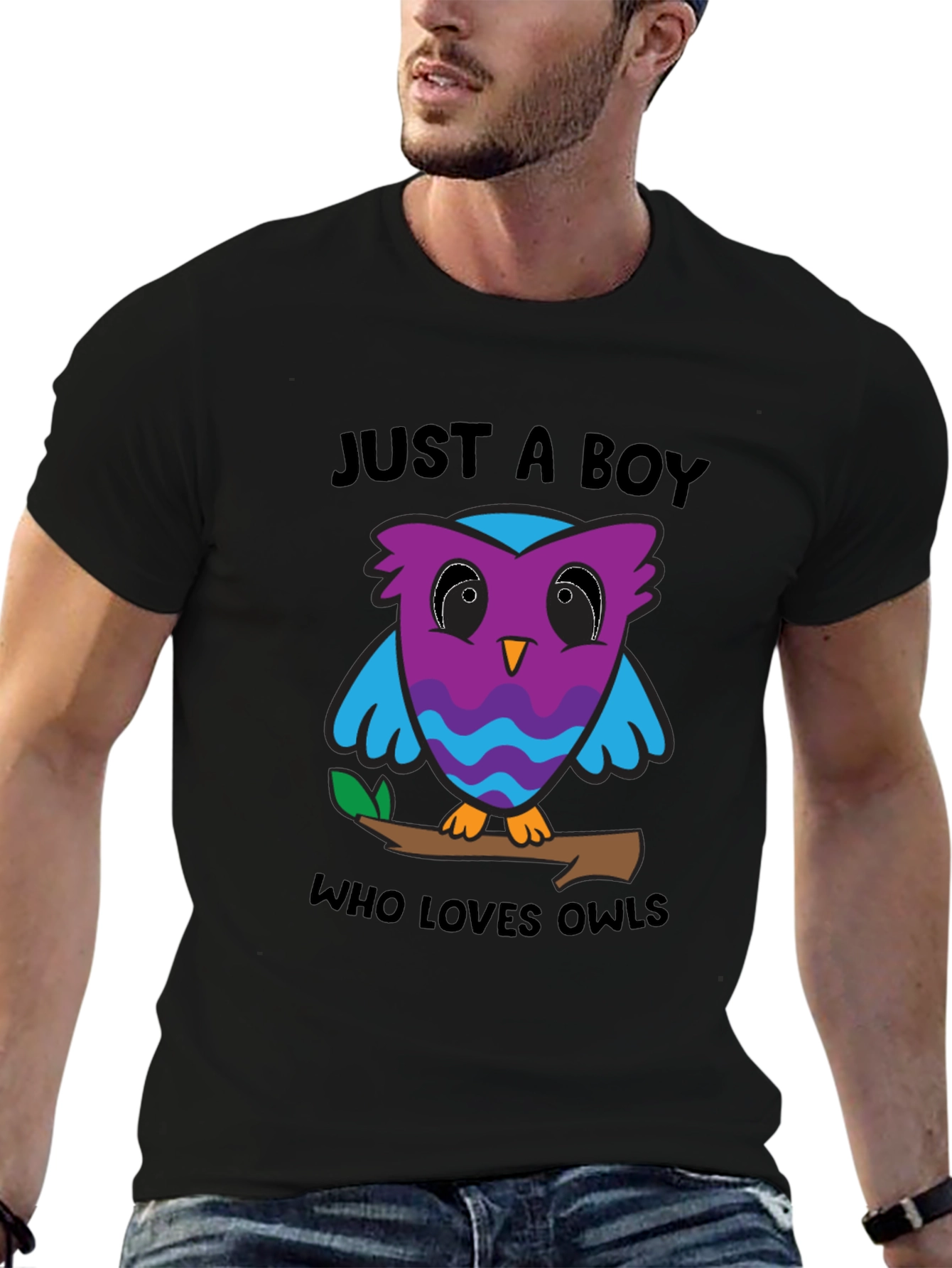 Black Just A Boy Who Loves Owls Graphic T-Shirt view 6