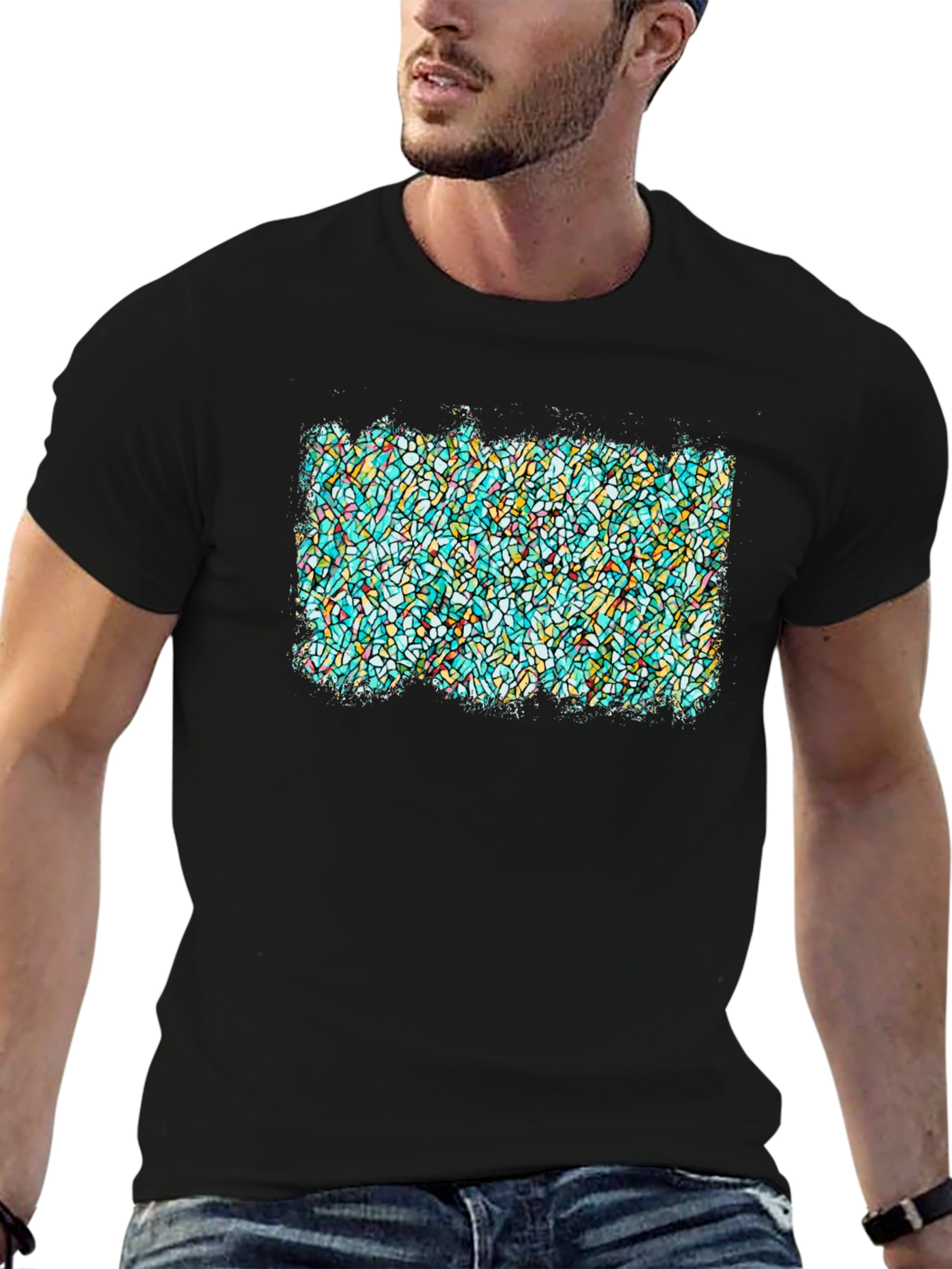 Black Abstract Stained Glass Graphic Tee - Soft Black T-Shirt view 6