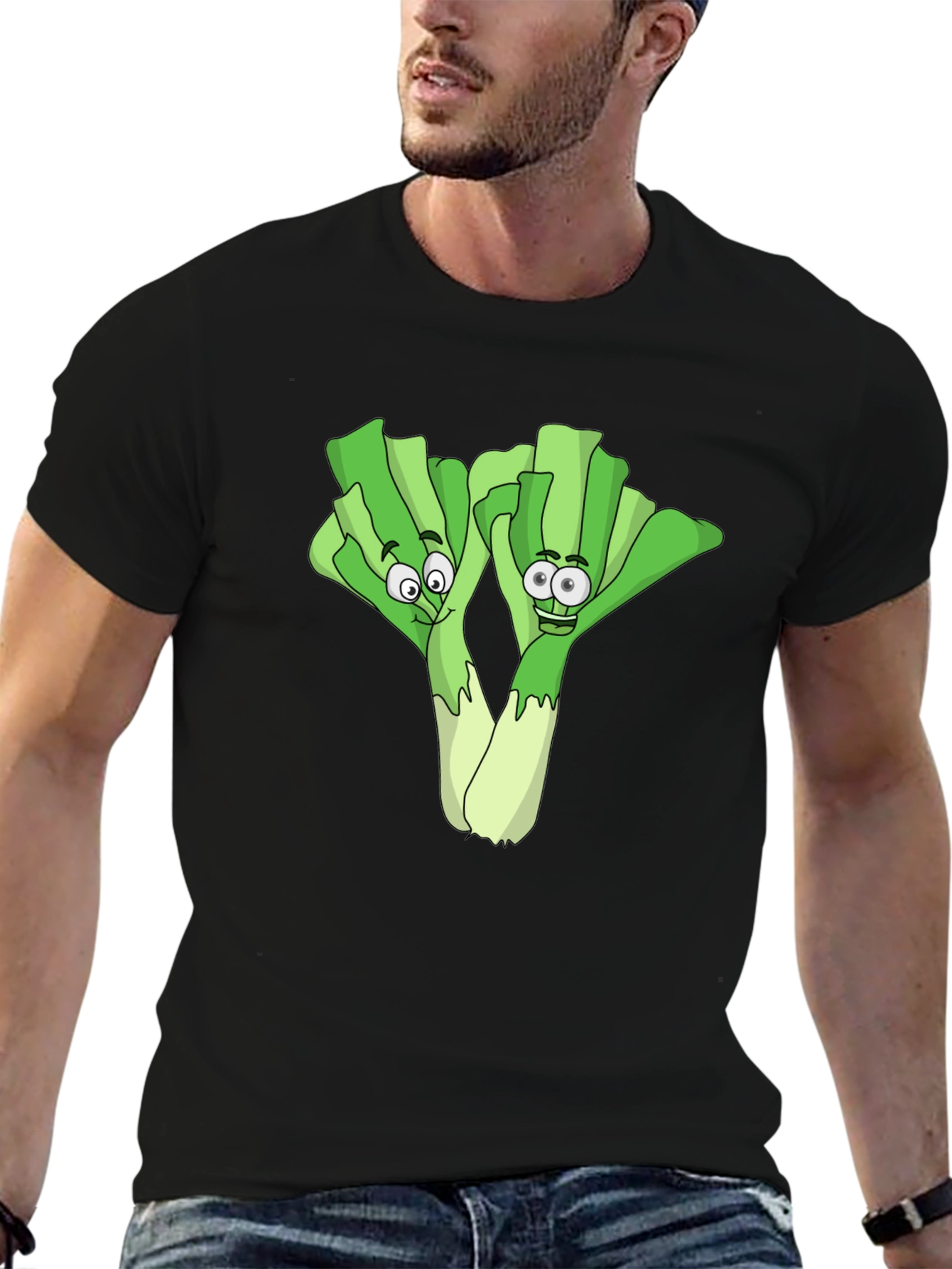 Black Funny Leek Cartoon Black T-Shirt view 6