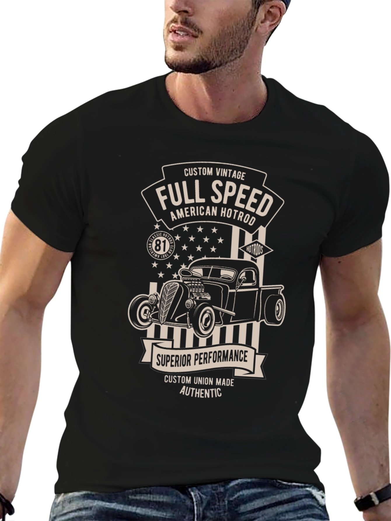 Black Full Speed American Hotrod Black Graphic T-Shirt view 6