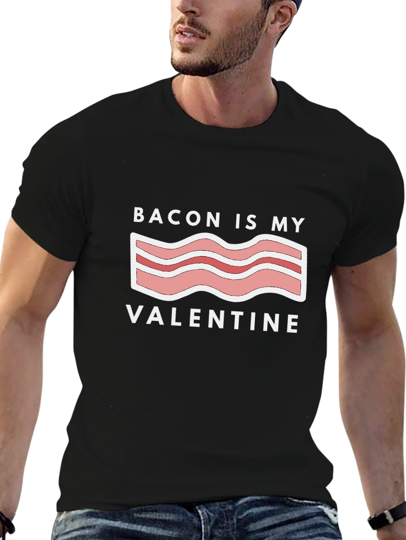 Black Bacon is My Valentine Graphic T-Shirt - Black view 6