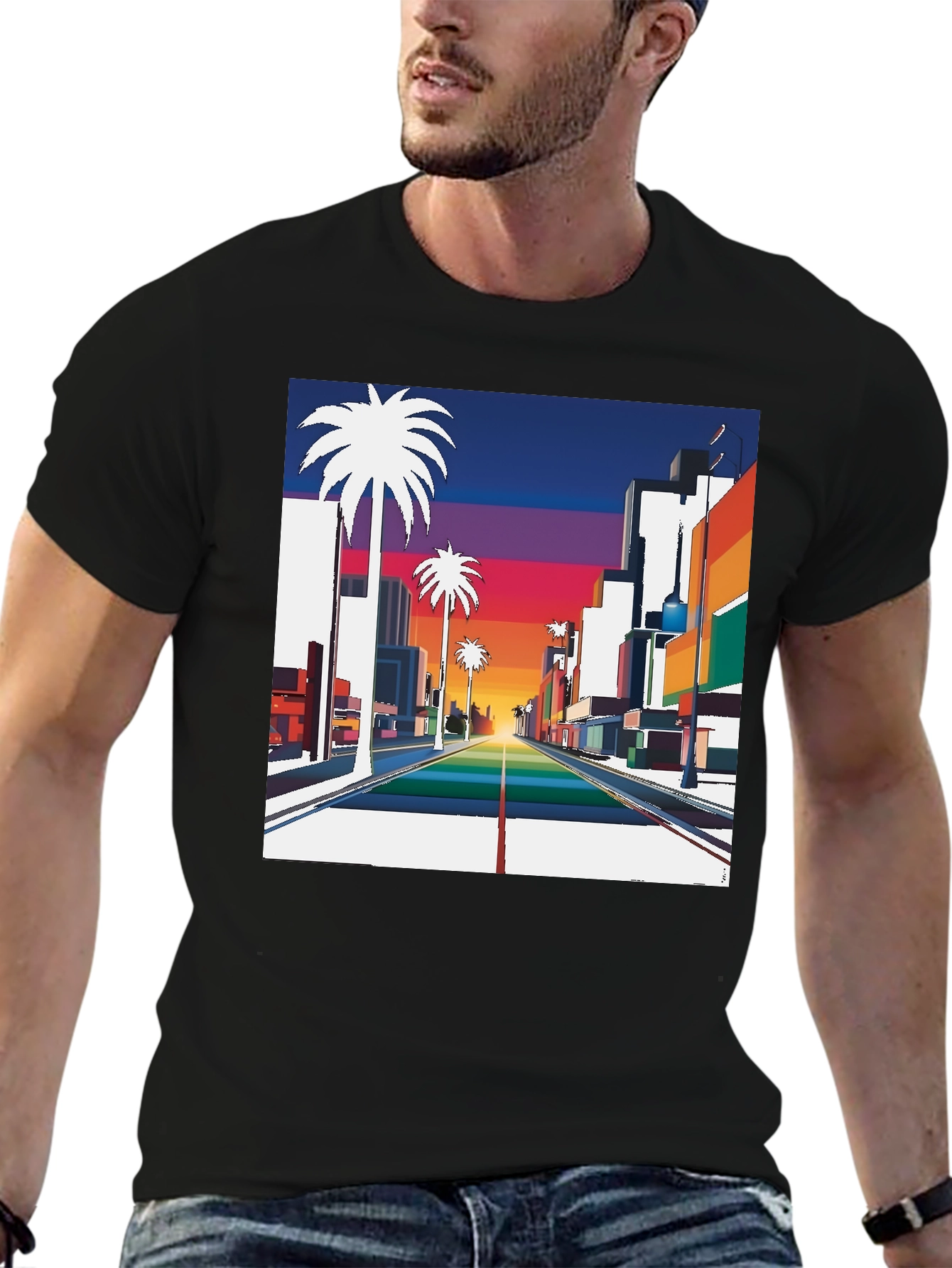 Black Retro Palm Tree Sunset T-Shirt view 6
