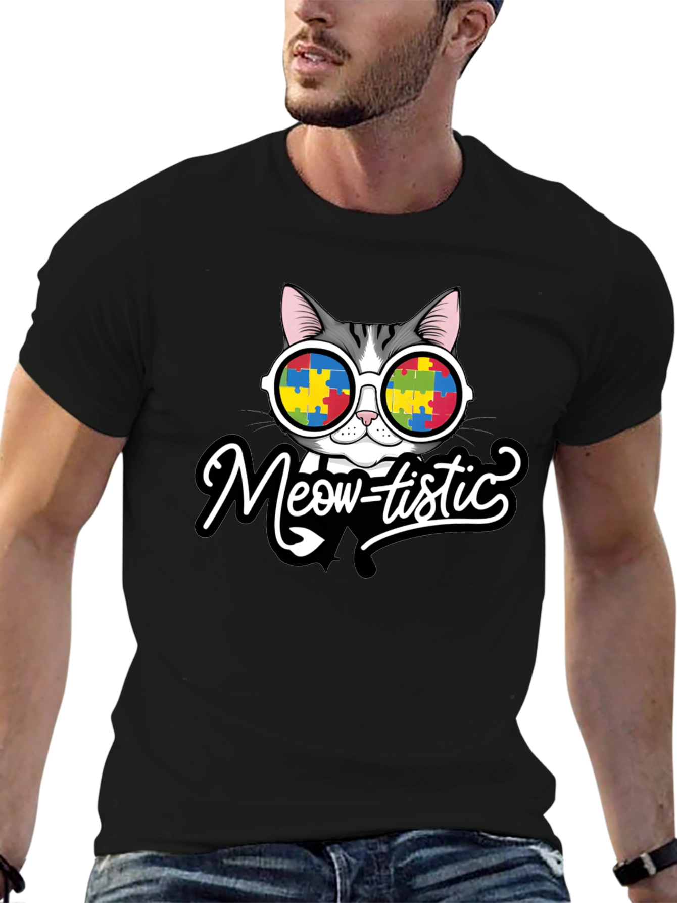 Black Meow-tistic Cat Autism Awareness T-Shirt view 6