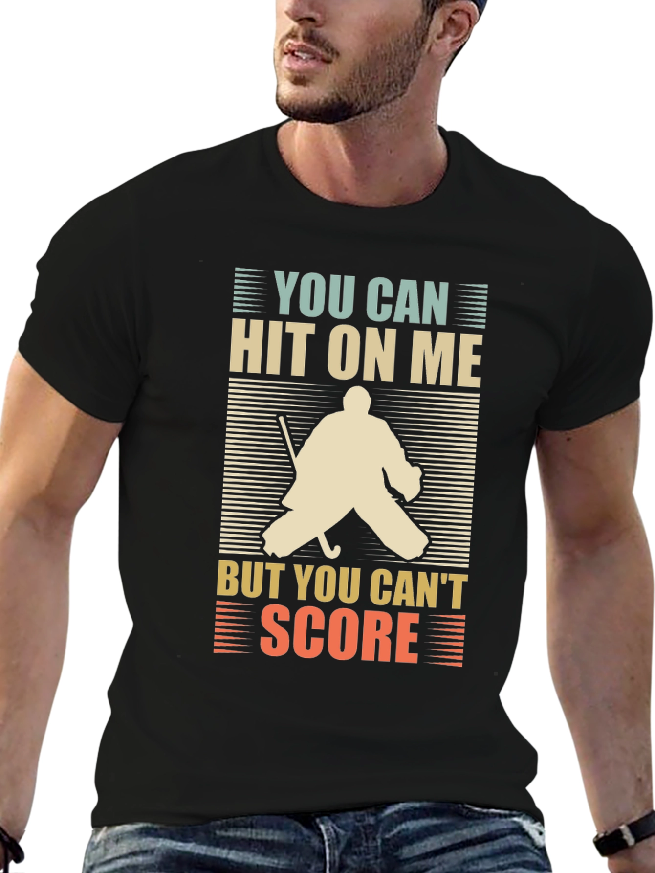 Black Hockey Goalie T-Shirt: You Can Hit On Me, But You Can't Score view 6