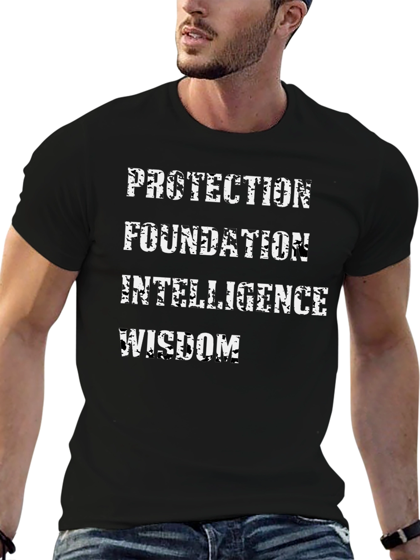 Black Protection, Foundation, Intelligence, Wisdom Men's Black T-Shirt view 6