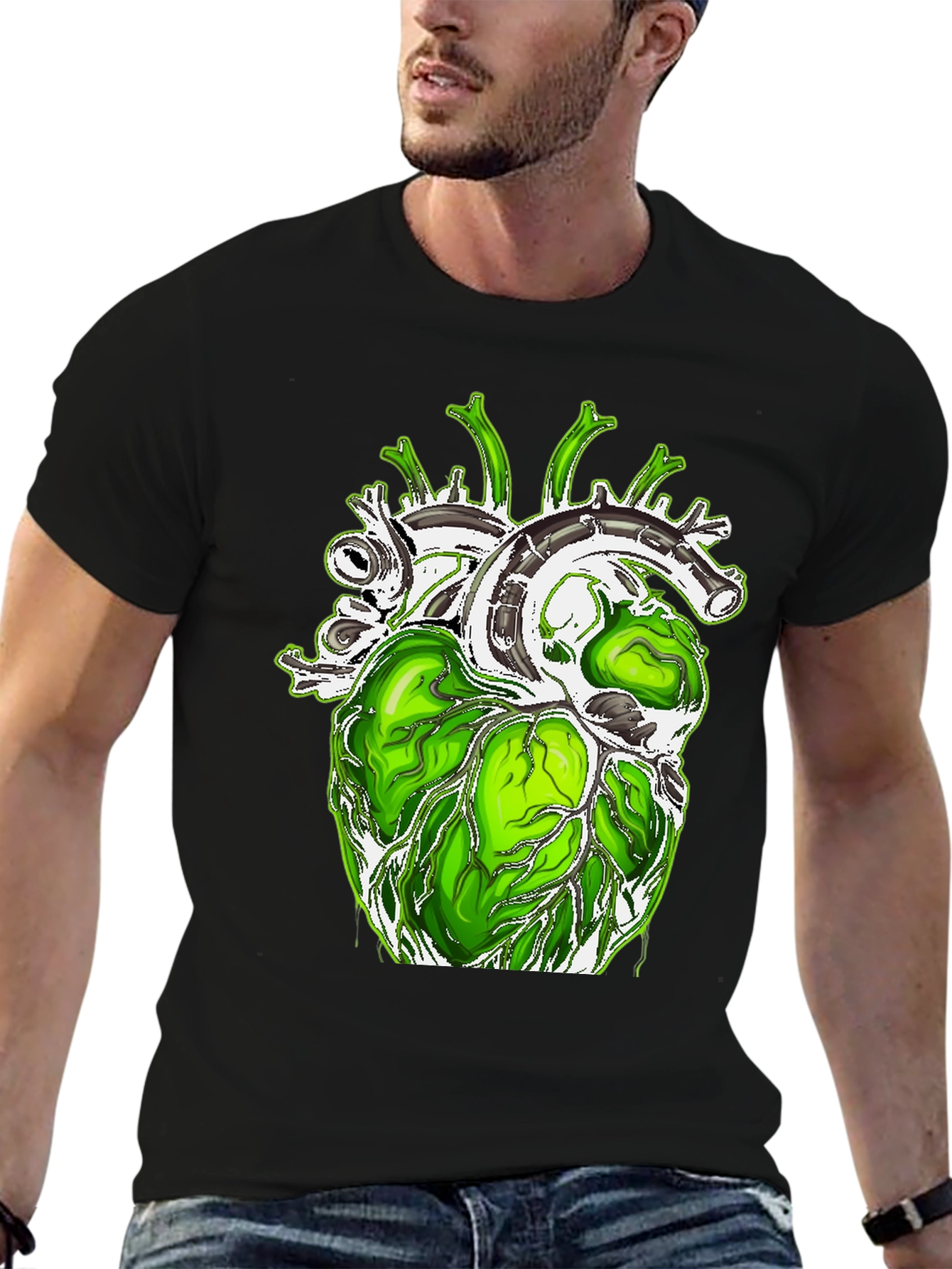Black Green Anatomical Heart Graphic Tee - Unique Design! view 6