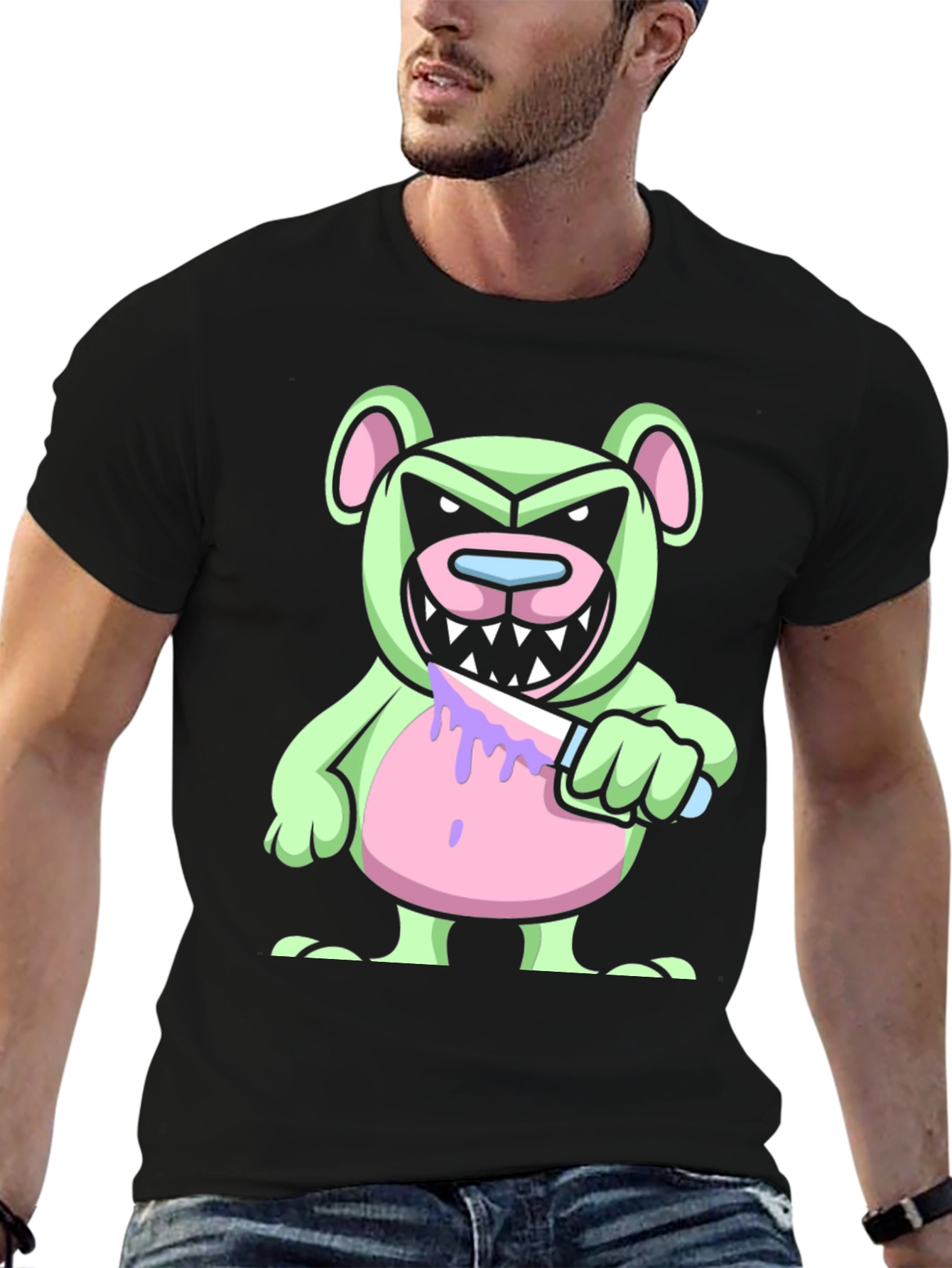 Black Psycho Bear T-Shirt - Edgy Cartoon Graphic Tee view 6