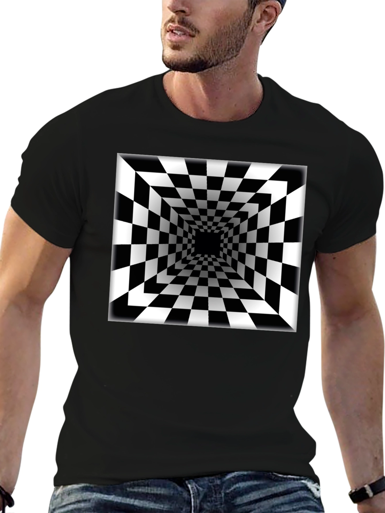 Black Optical Illusion Checkerboard Tunnel Black T-Shirt view 6