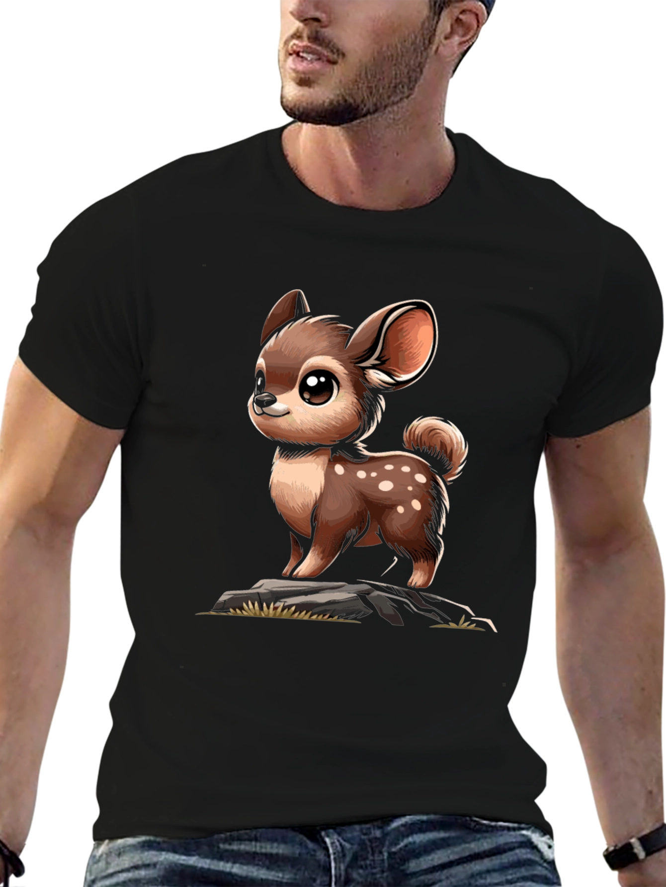 Black Cute Deer Cartoon Graphic Black T-Shirt view 6