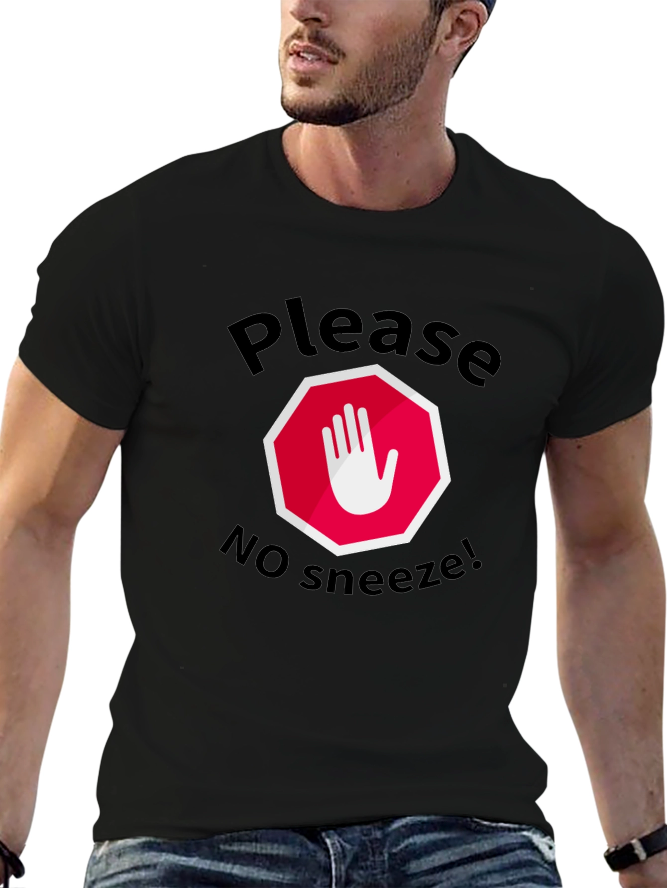 Black Please No Sneeze Funny T-Shirt view 6