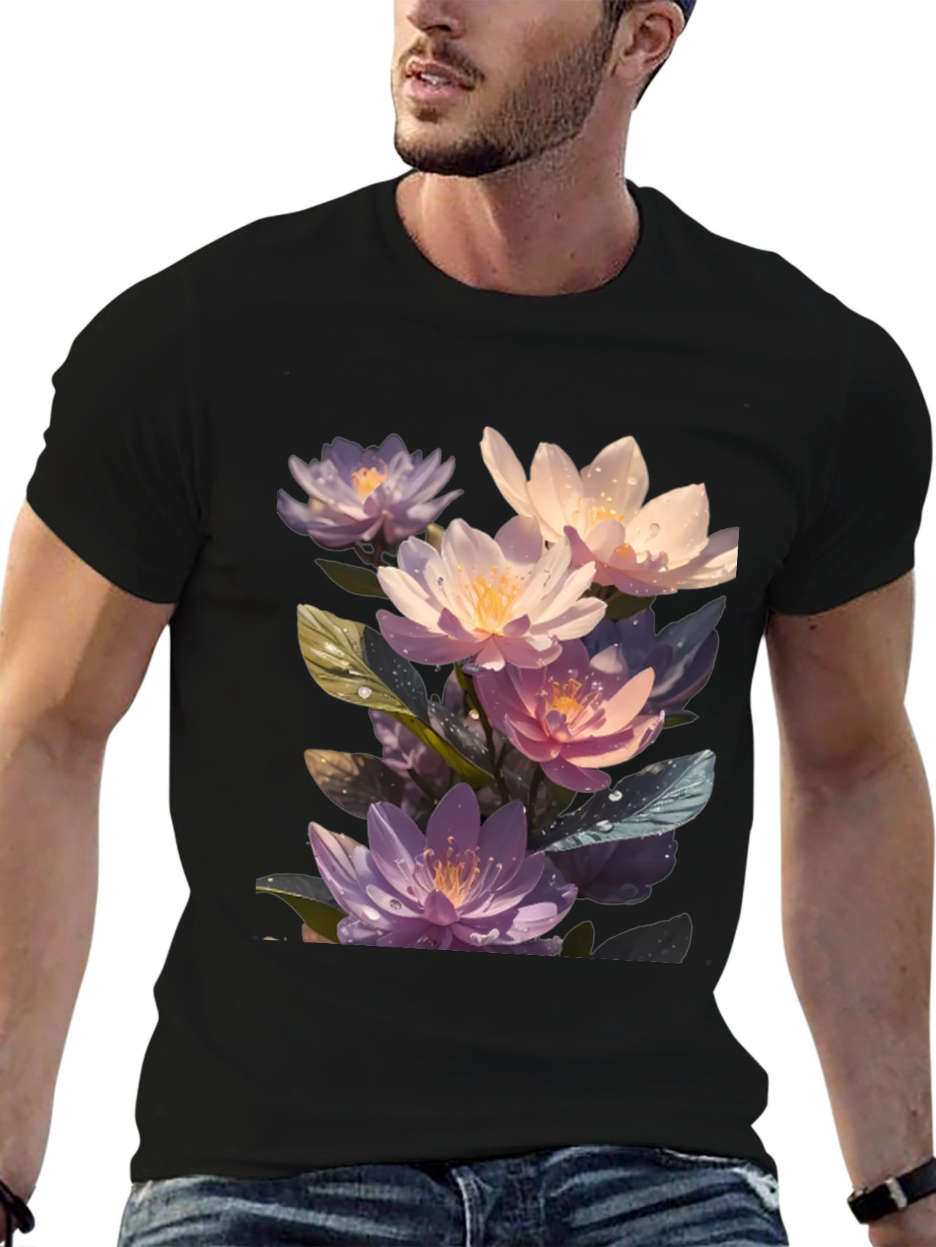 Black Floral Lotus Graphic T-Shirt - Premium Comfort Fit view 6
