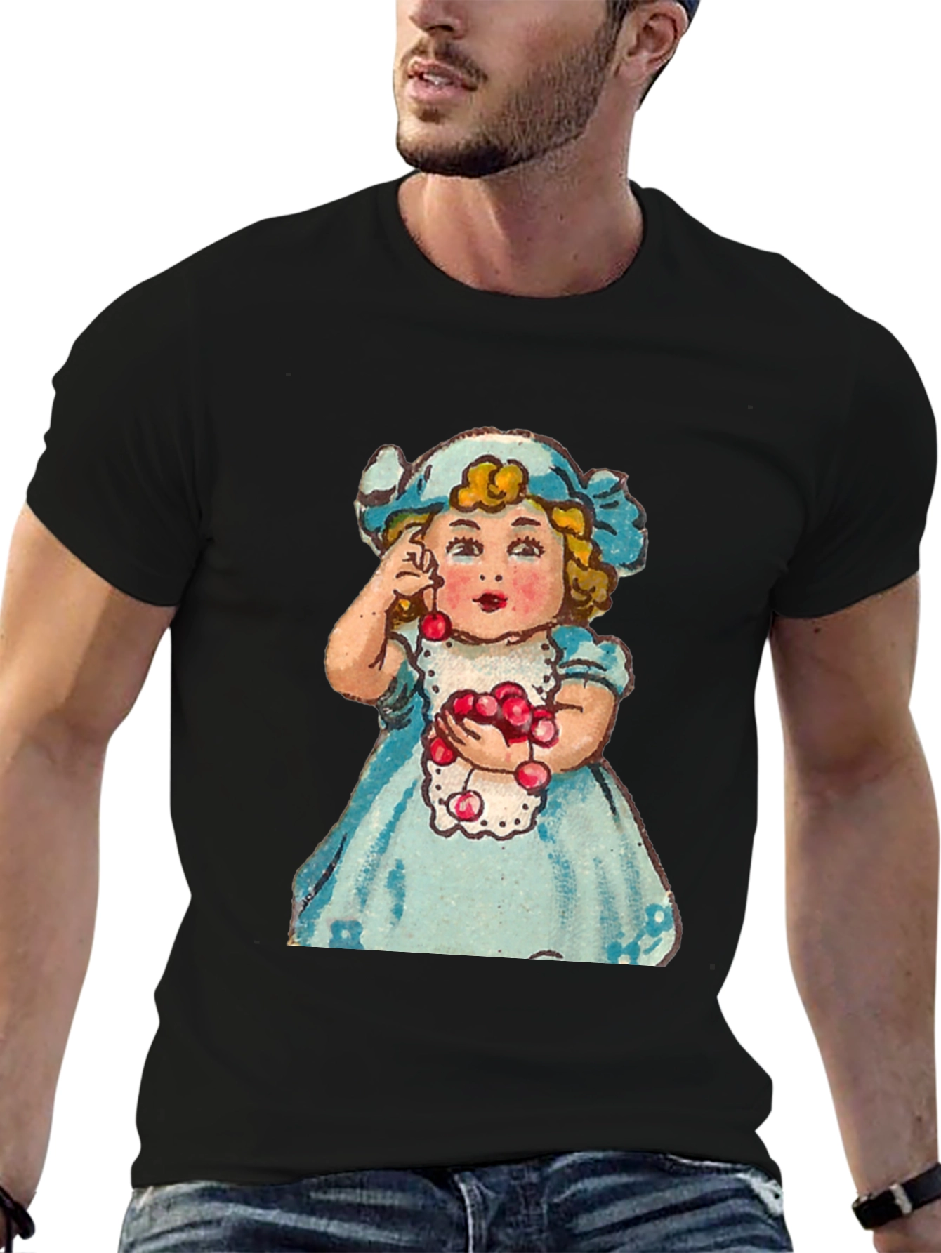 Black Cute Girl Cherry T-Shirt - Vintage Style view 6