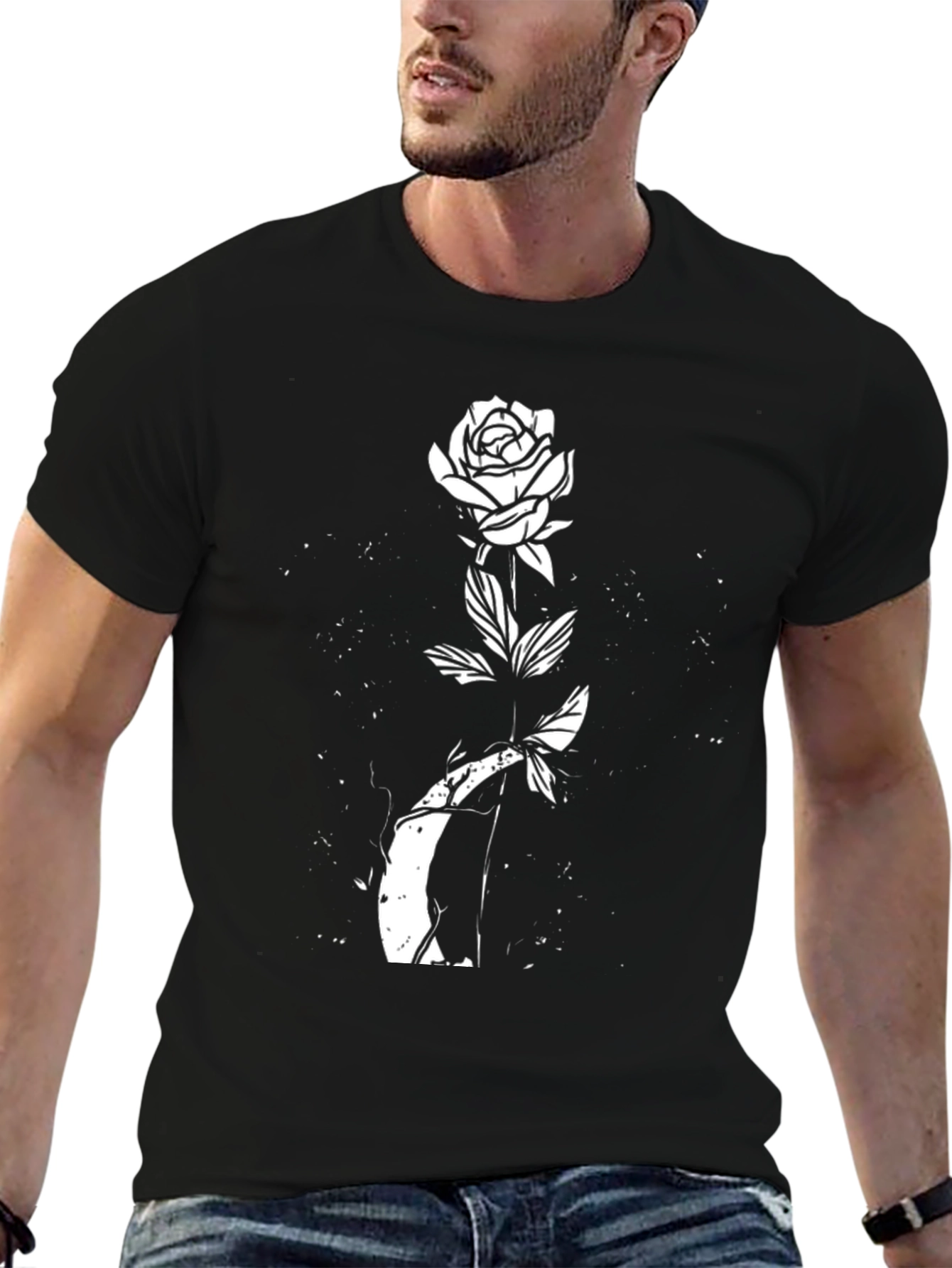 Black Black Rose Graphic T-Shirt - Unique Floral Design view 6