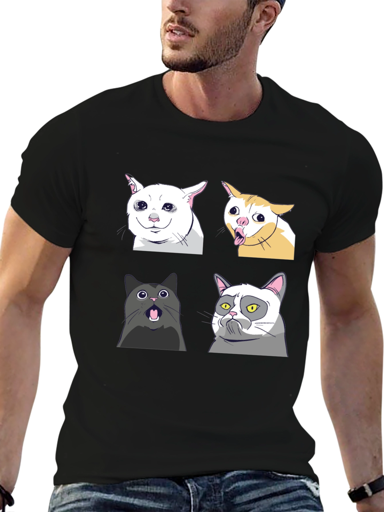 Black Meme Cats Black T-Shirt - Funny Graphic Tee view 6