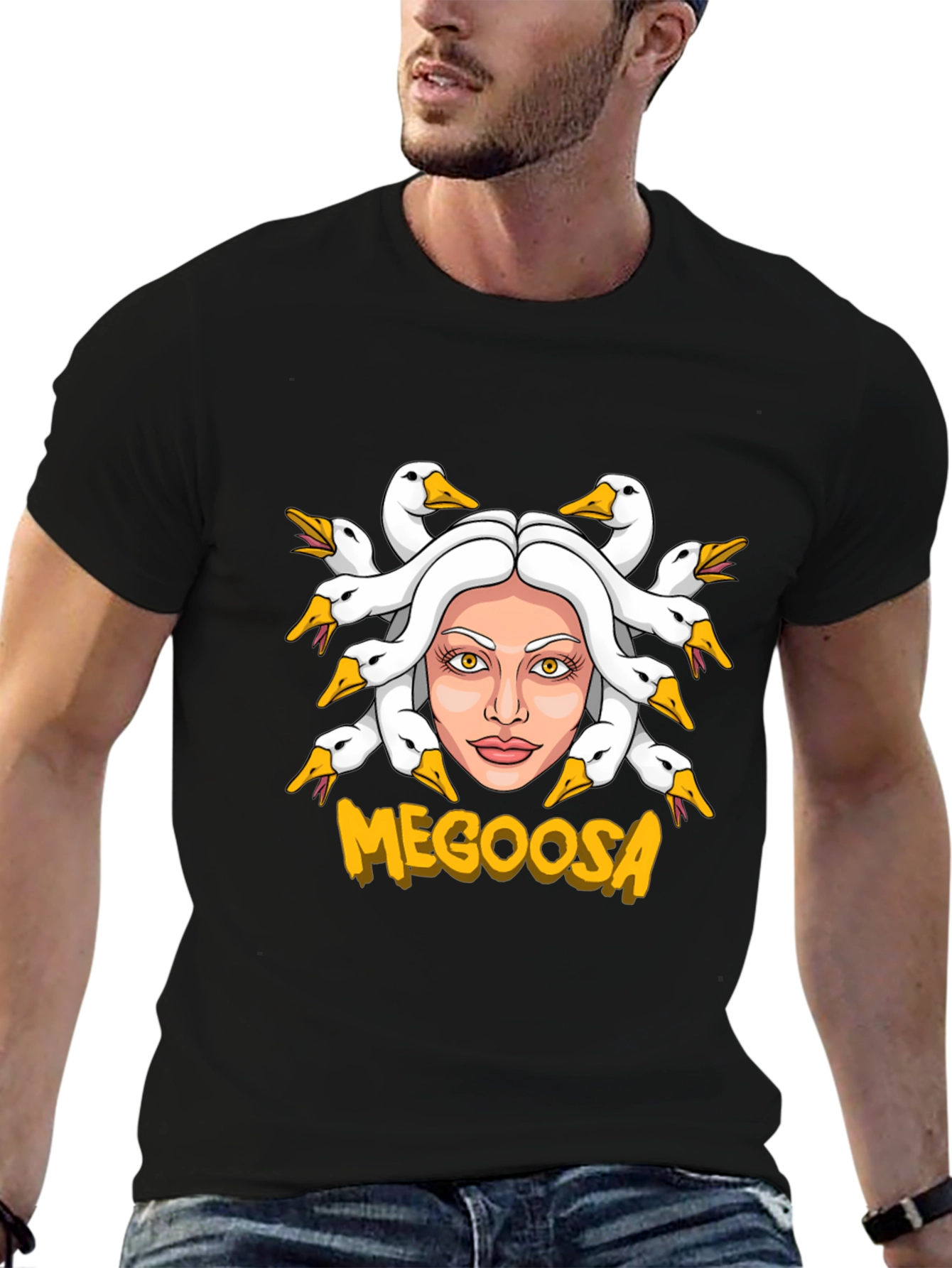 Black MEGOOSA Goose Medusa Funny Graphic T-Shirt view 6