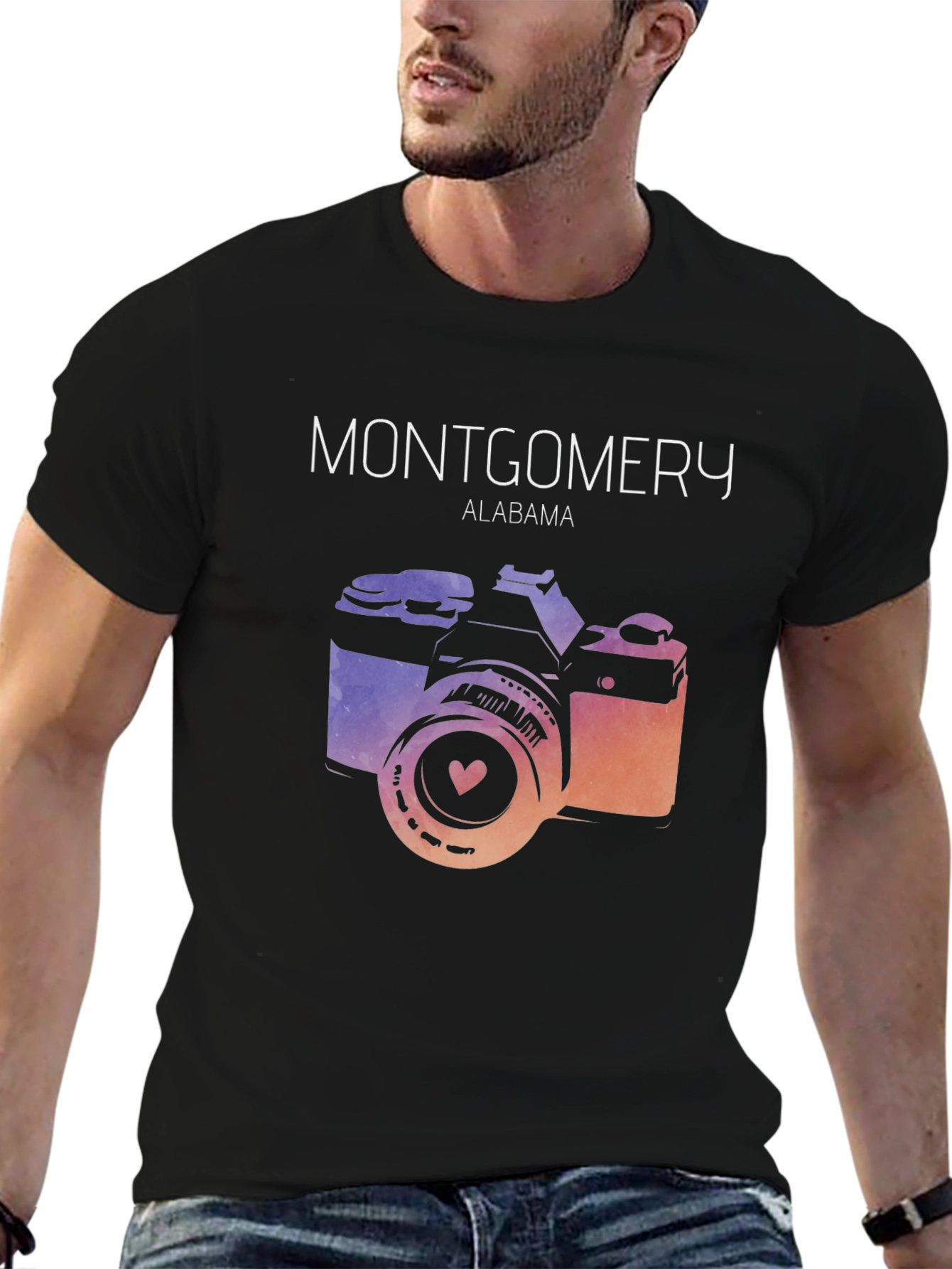 Black Montgomery Alabama Vintage Camera Graphic T-Shirt view 6