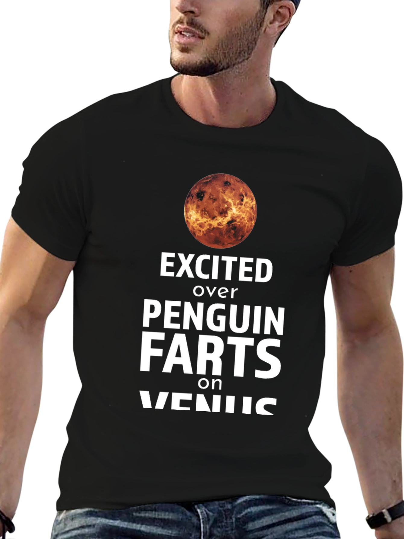 Black Excited Over Penguin Farts on Venus T-Shirt view 6