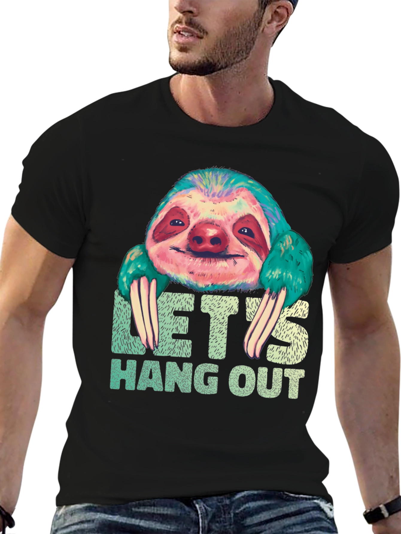 Black Let's Hang Out Sloth Graphic T-Shirt view 6