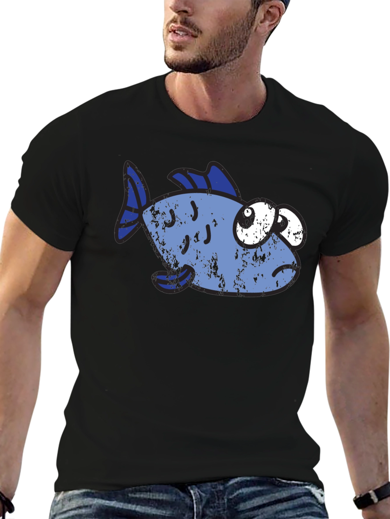 Black Funny Distressed Cartoon Fish Graphic T-Shirt view 6