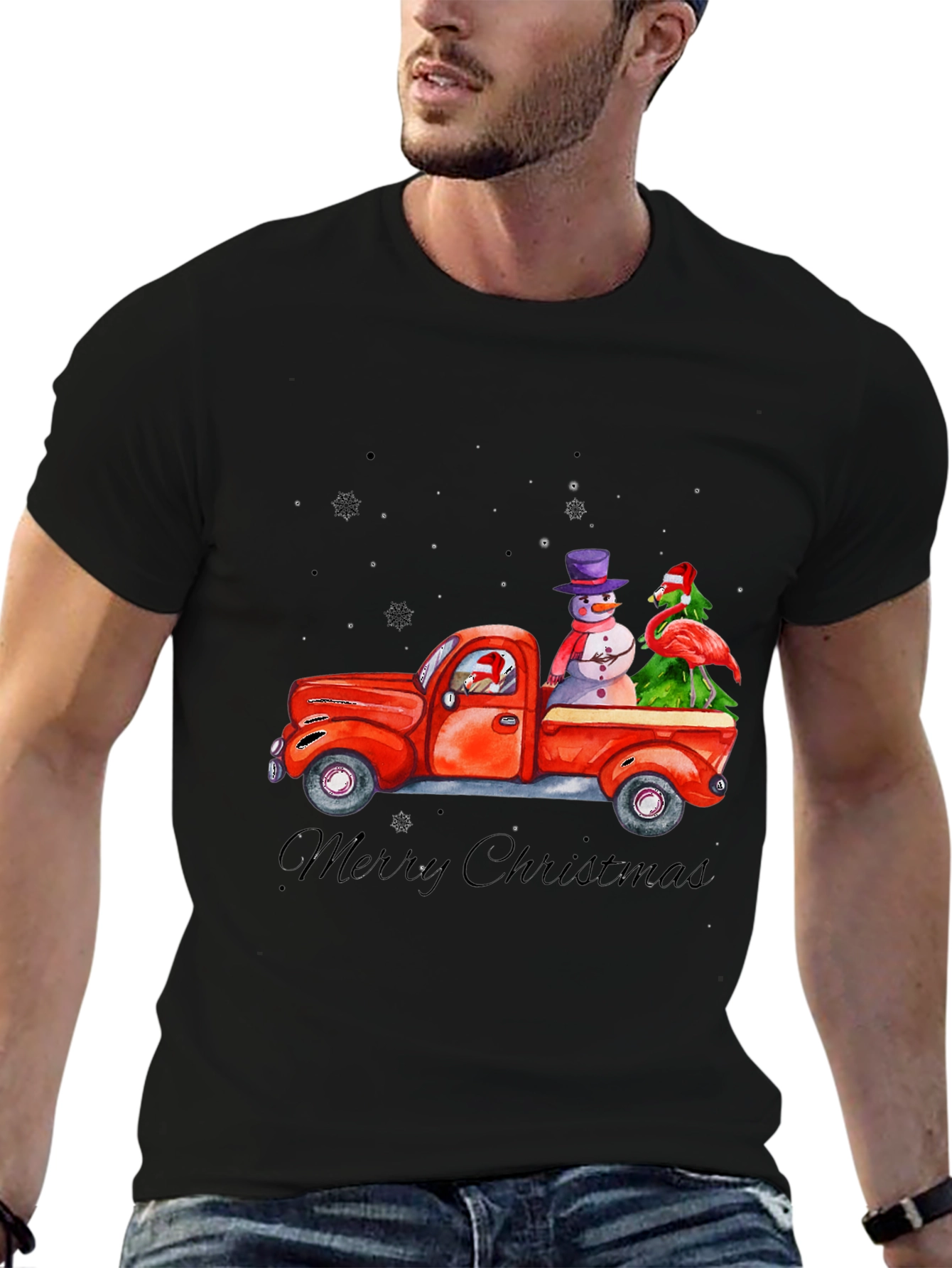 Black Christmas Truck T-Shirt with Snowman & Flamingo view 6