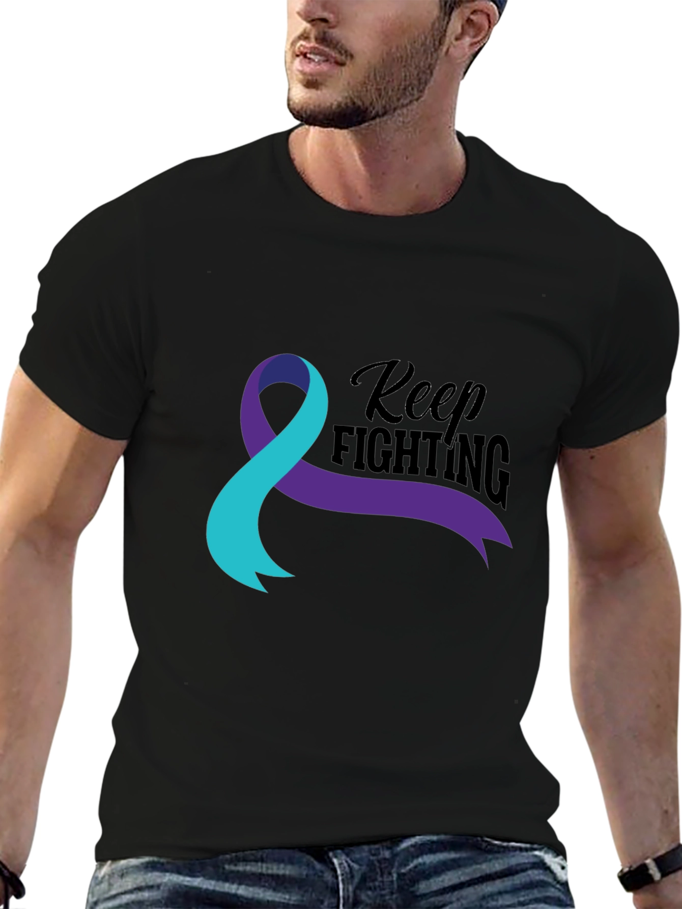 Black Keep Fighting Awareness Ribbon Graphic T-Shirt view 6