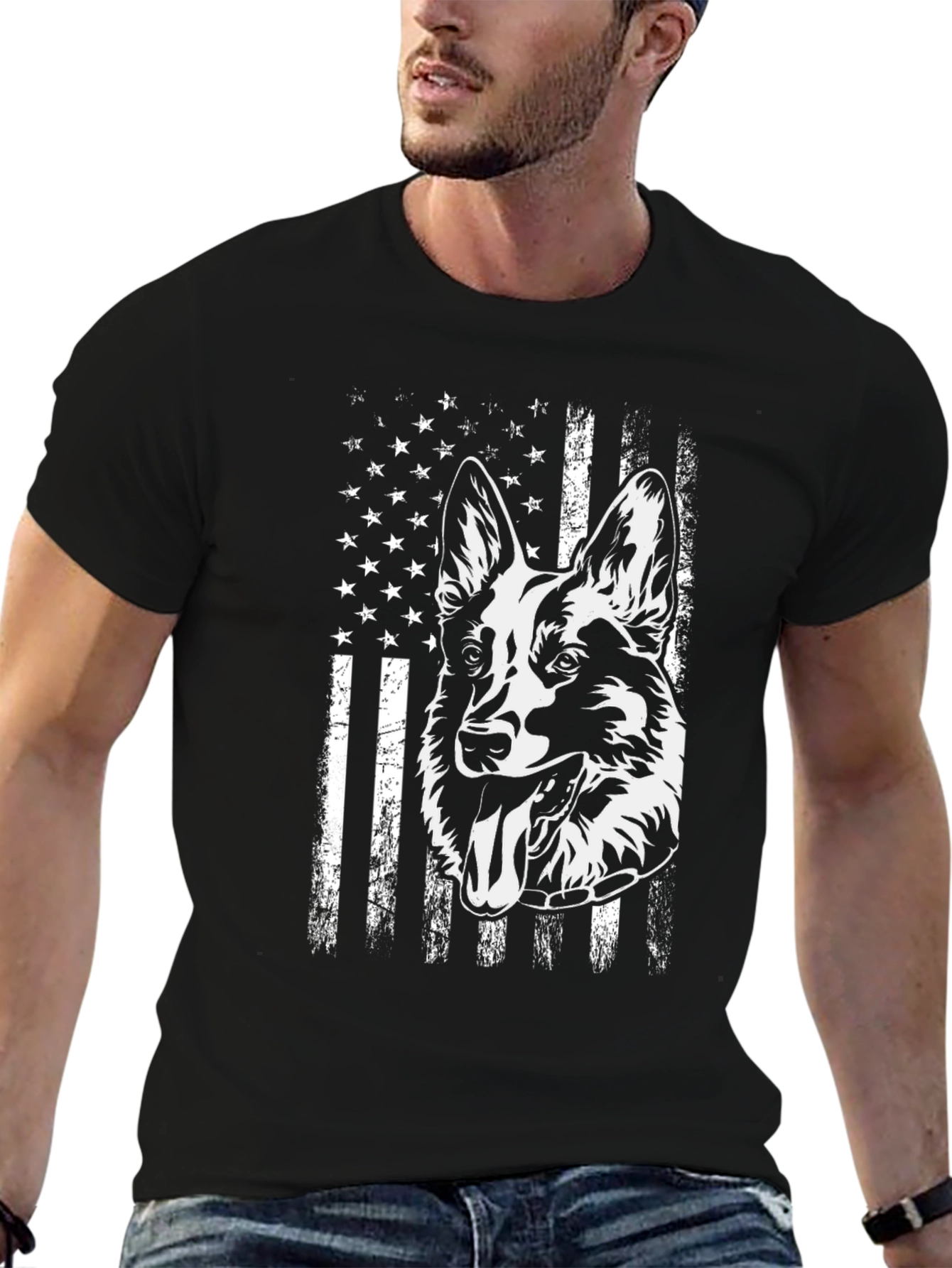 Black German Shepherd American Flag Graphic Tee view 6