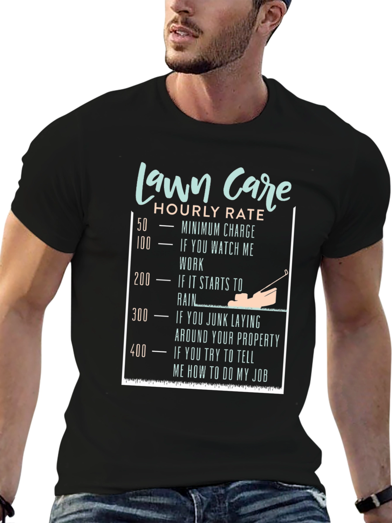 Black Funny Lawn Care Hourly Rate T-Shirt view 6