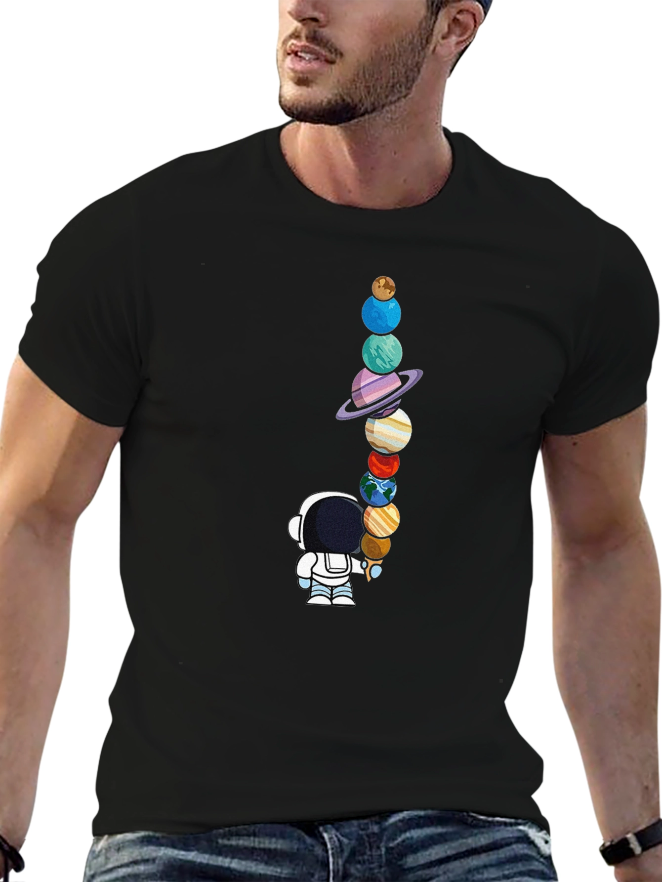 Black Astronaut Planets Graphic Tee - Space Lover's Black T-Shirt view 6