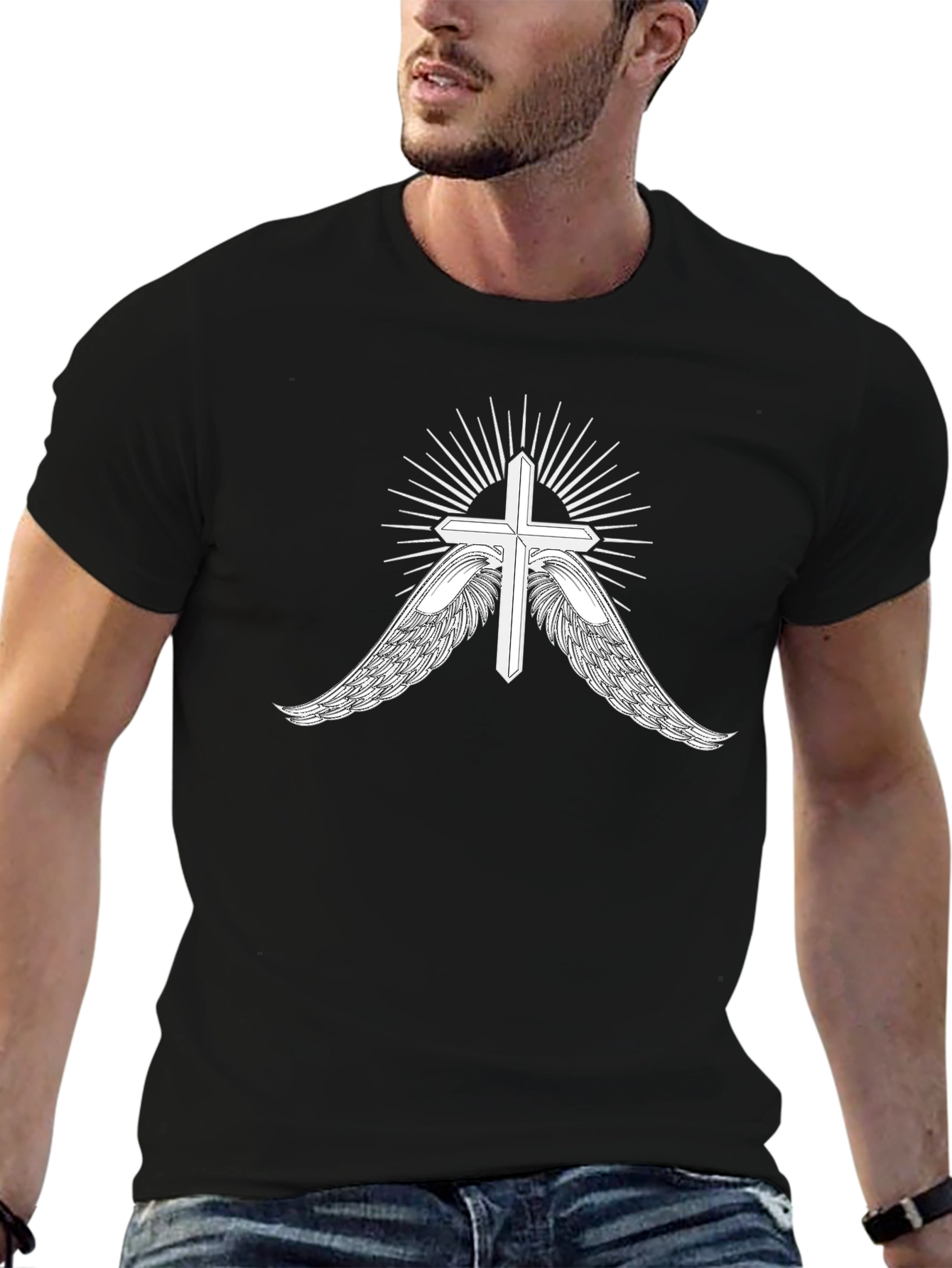 Black Men's Black T-Shirt with Cross and Wings Graphic view 6