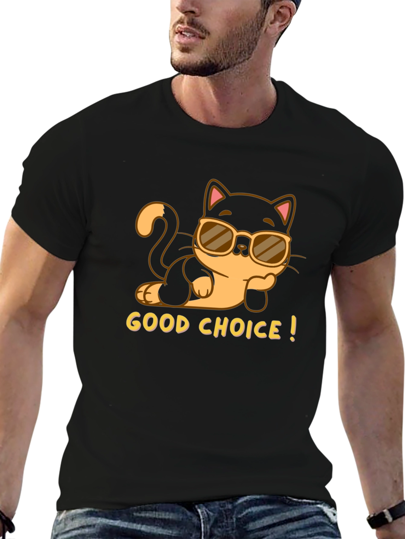 Black Cool Cat Tee: "Good Choice!" Black T-Shirt view 6
