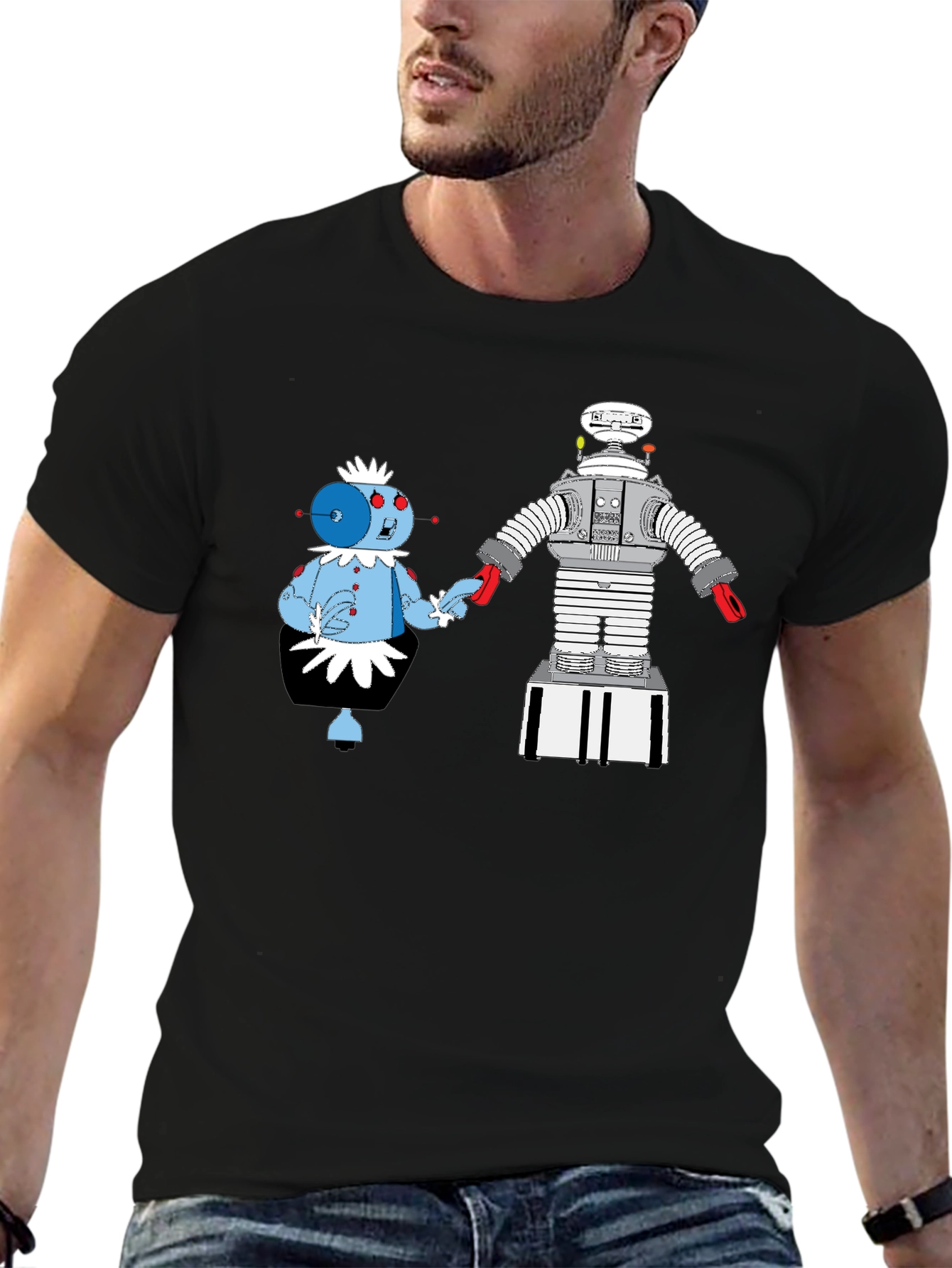 Black Robot Romance Graphic Tee - Black Cotton T-Shirt view 6