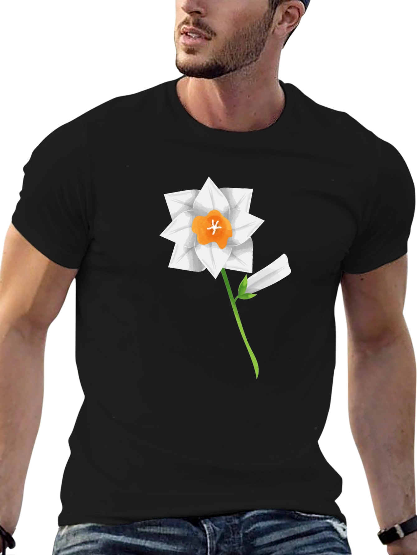 Black Floral Graphic Tee - Daffodil Design, Soft Cotton Blend view 6