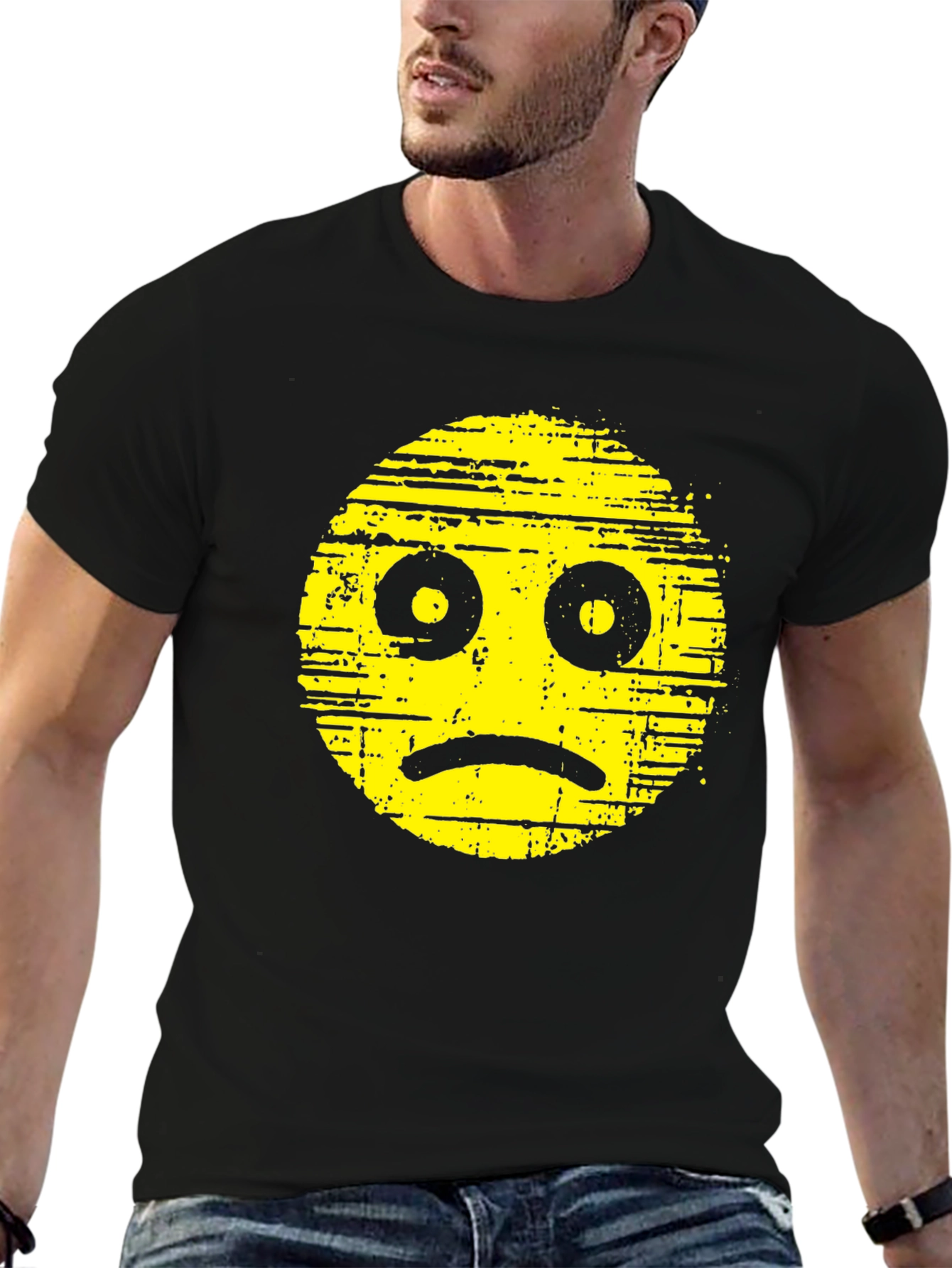 Black Distressed Sad Face Graphic Black T-Shirt view 6