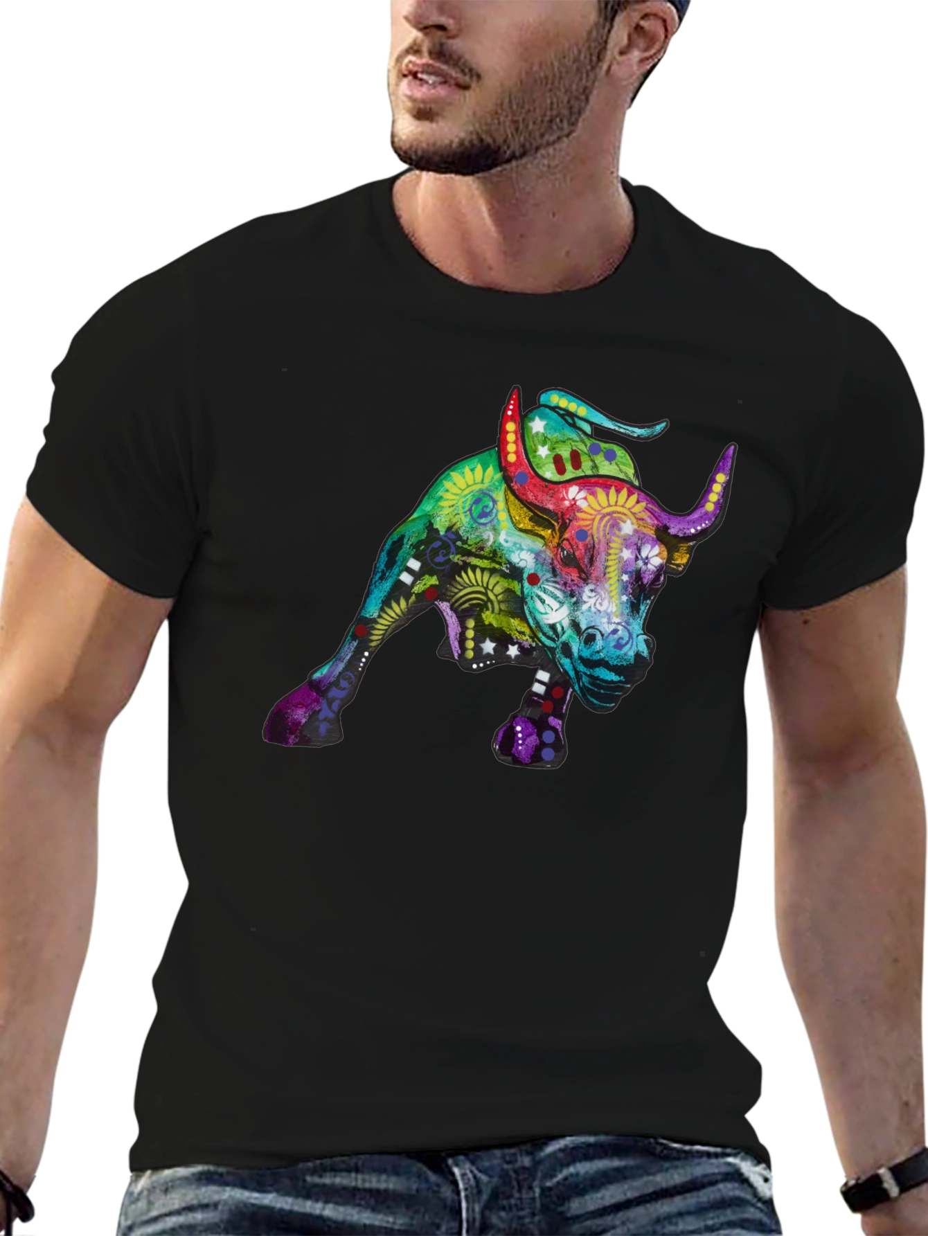 Black Colorful Bull Graphic Print Black T-Shirt view 6