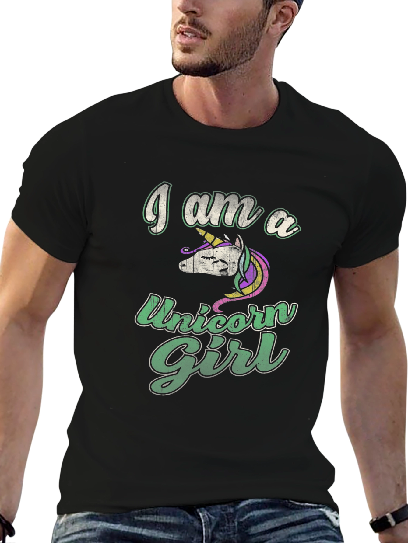 Black I Am A Unicorn Girl Black T-Shirt view 6