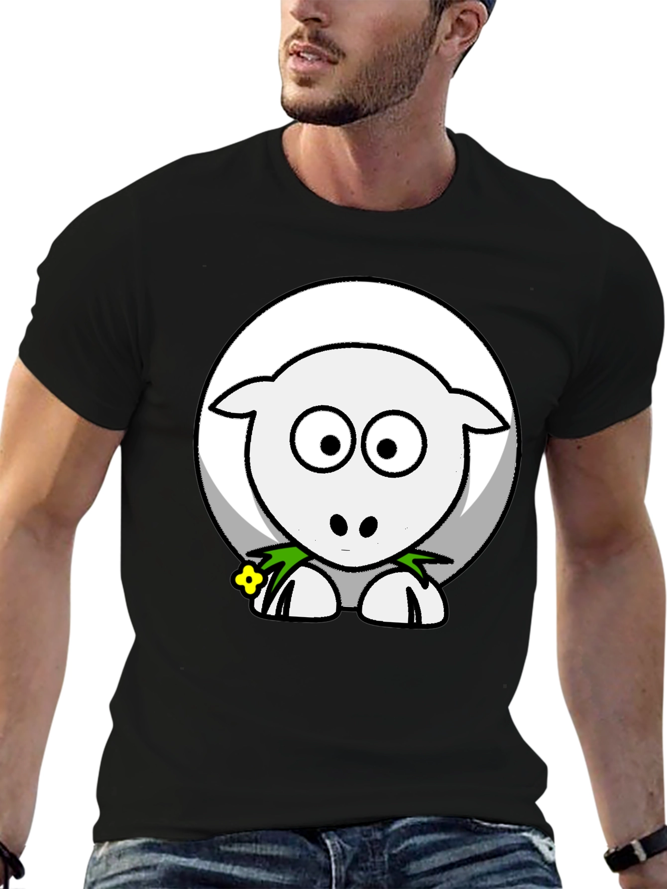 Black Cute Sheep Graphic Tee - Black Cotton Blend Shirt view 6