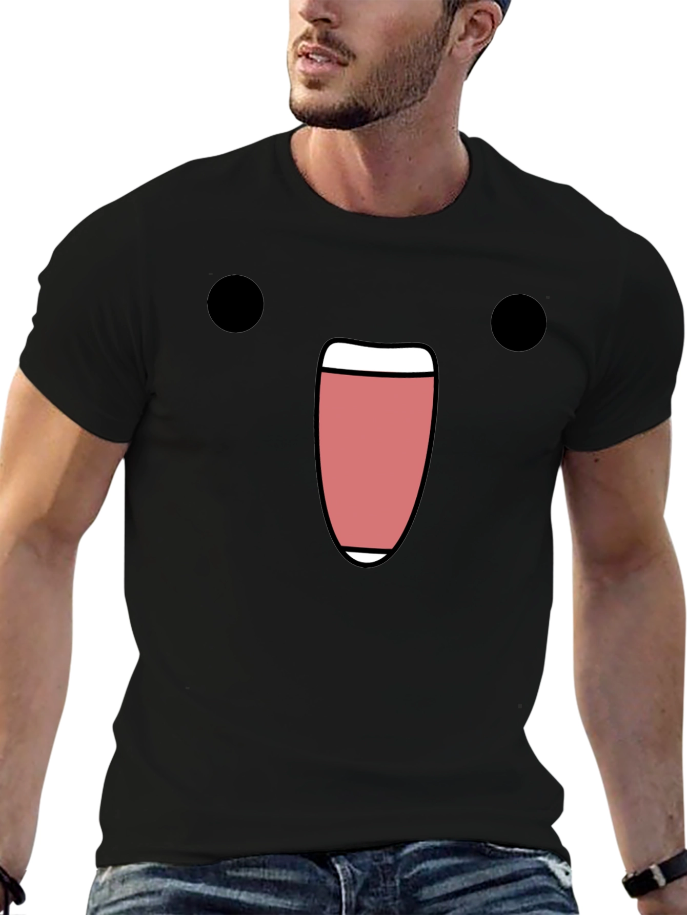 Black Funny Black T-Shirt with Cartoon Face Design view 6