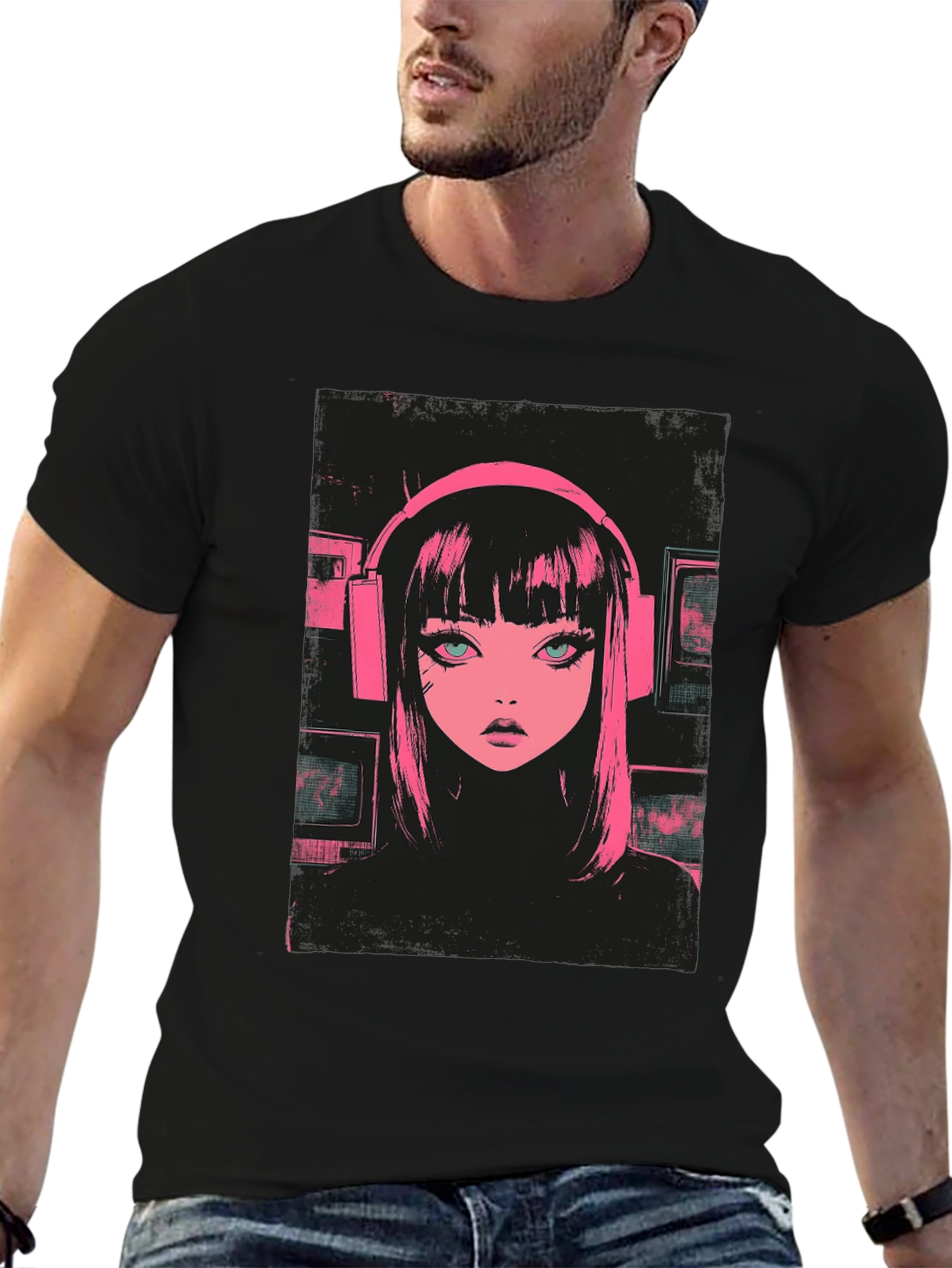 Black Anime Girl Pink Headphones Black T-Shirt view 6
