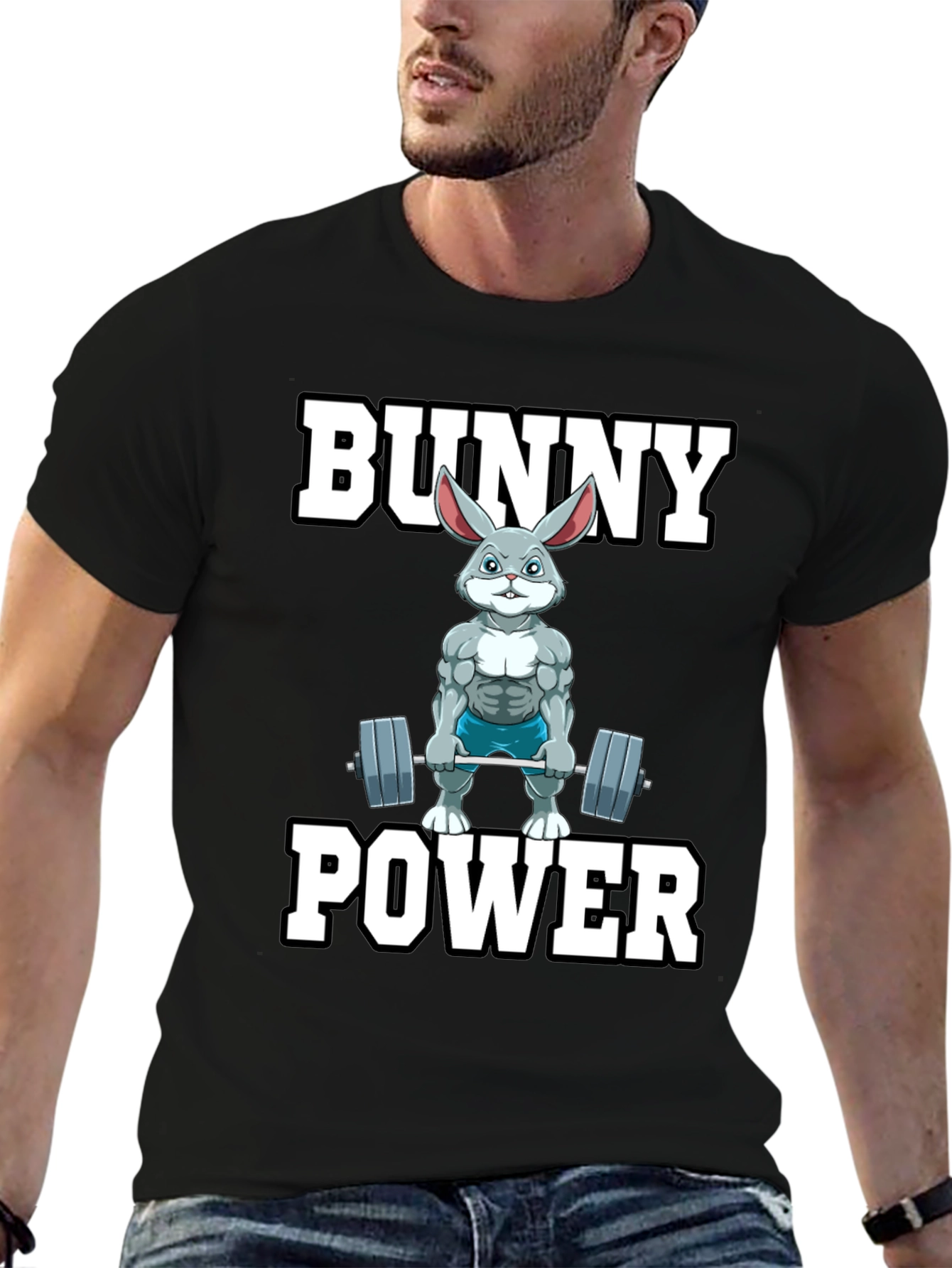 Black Bunny Power T-Shirt - Weightlifting Rabbit Gym Tee view 6