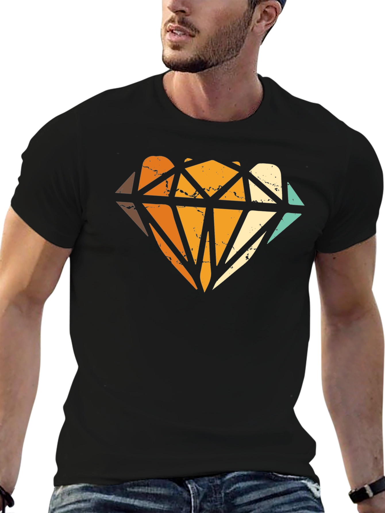 Black Retro Diamond Graphic Print Black T-Shirt view 6
