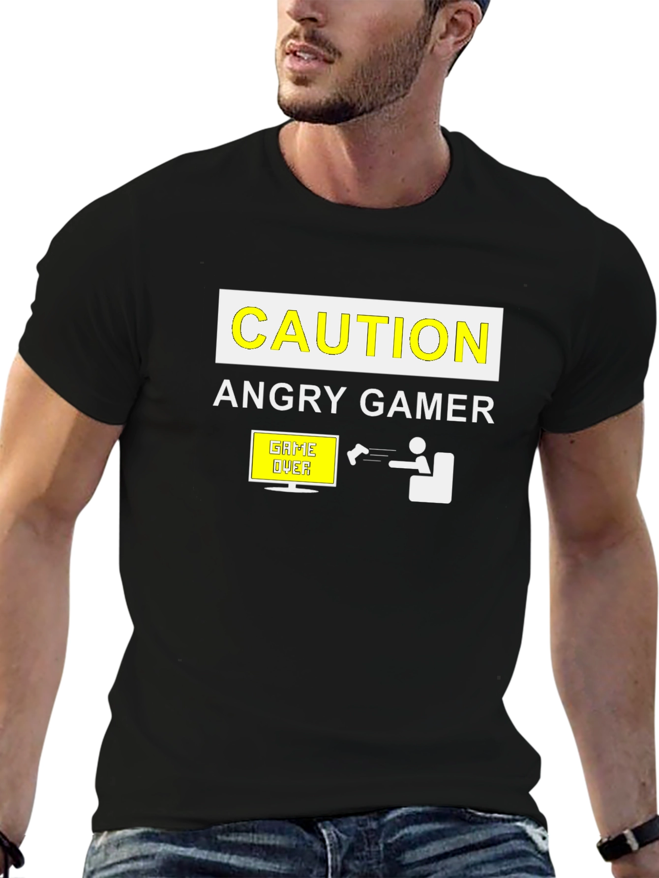Black Angry Gamer Caution T-Shirt: Funny Video Game Tee view 6