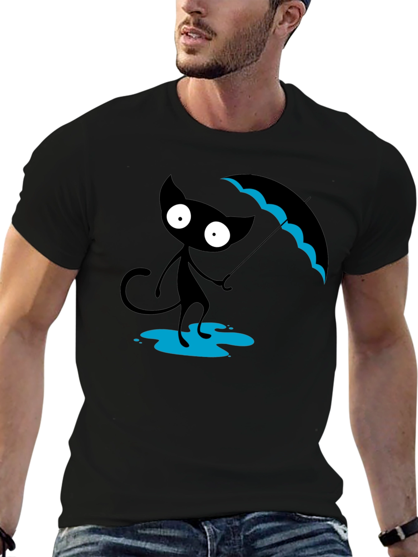 Black Black Cat with Umbrella T-Shirt view 6
