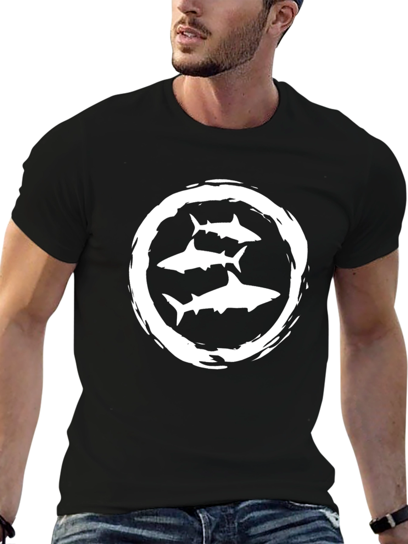 Black Men's Black Shark Graphic T-Shirt view 6