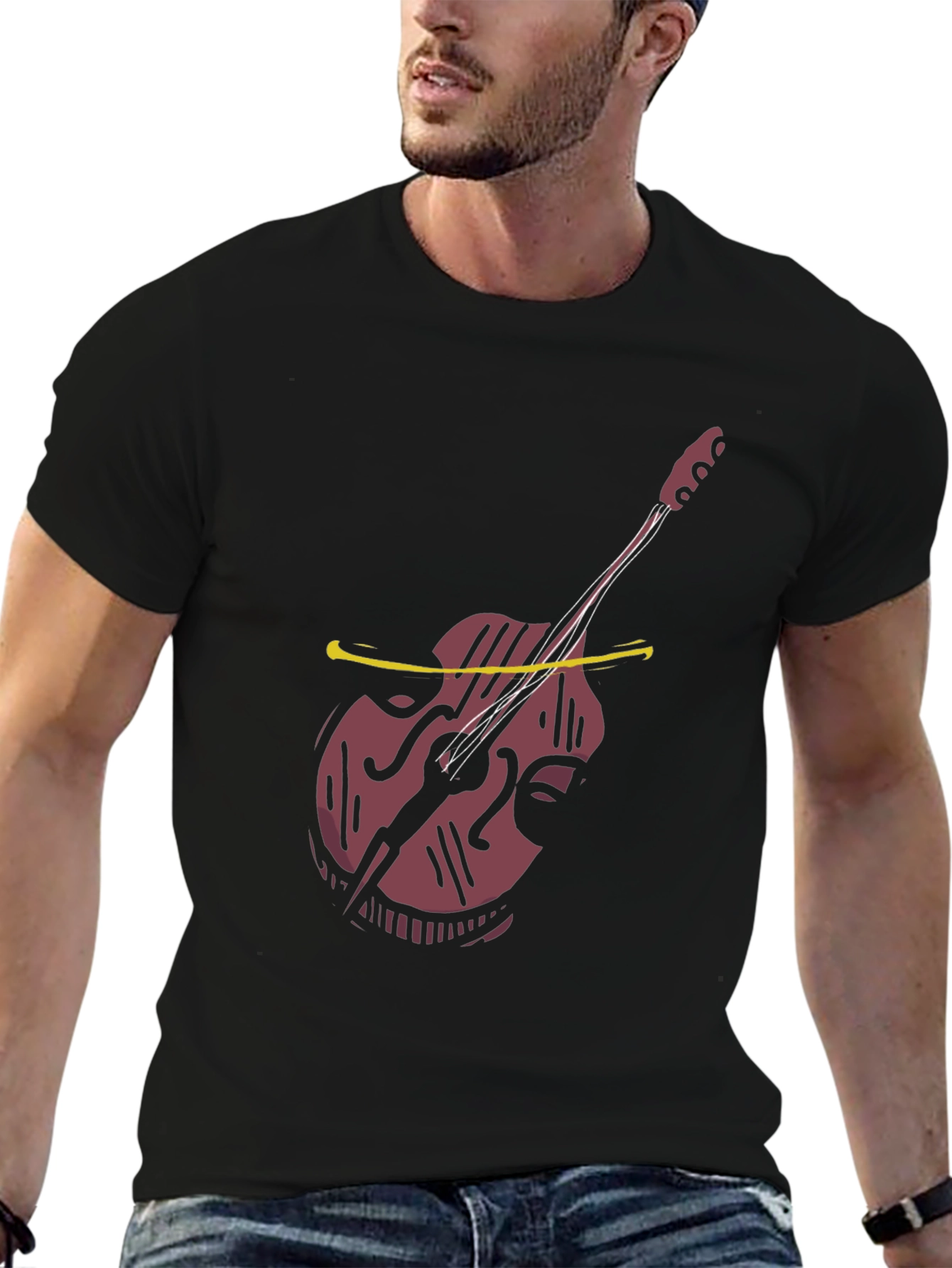 Black Cool Bass Guitar Graphic Tee - Black Cotton Casual view 6