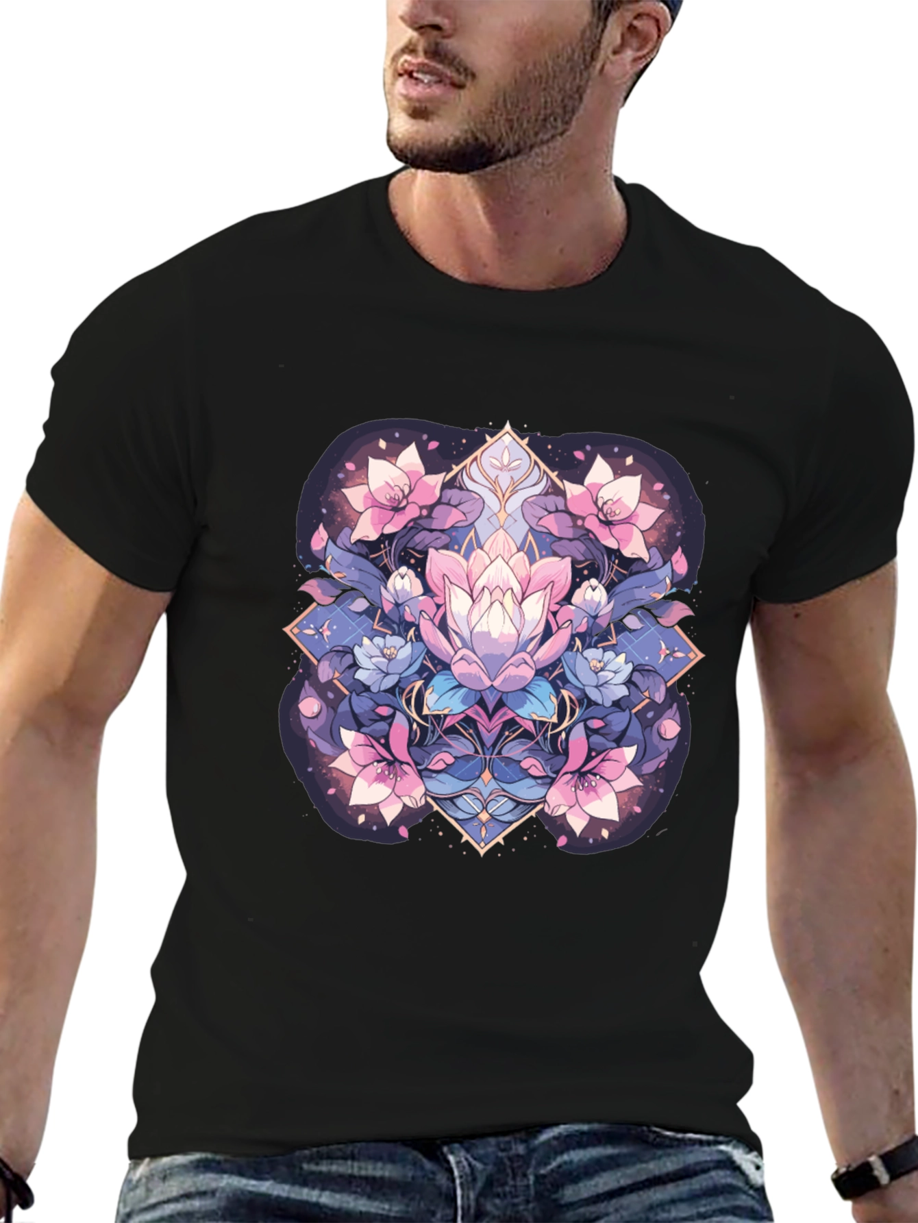 Black Lotus Flower Graphic Tee - Black Cotton Blend view 6