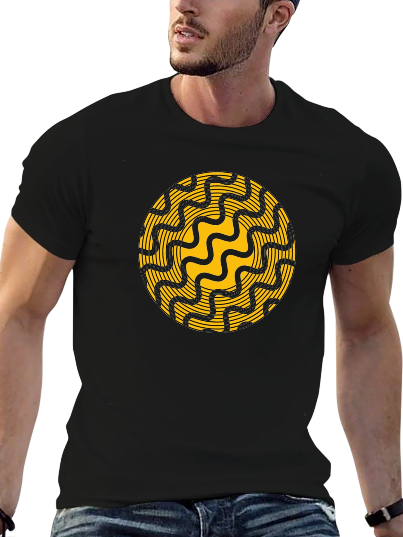 Black Abstract Circle Graphic Tee - Stylish Black T-Shirt view 6