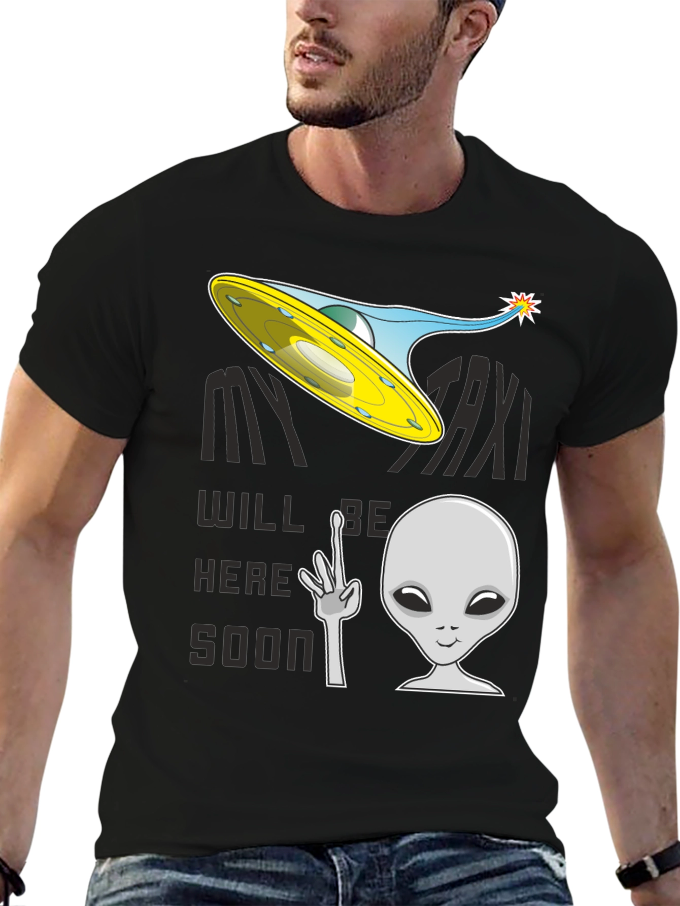 Black Alien Taxi Graphic T-Shirt - My Taxi Will Be Here Soon view 6