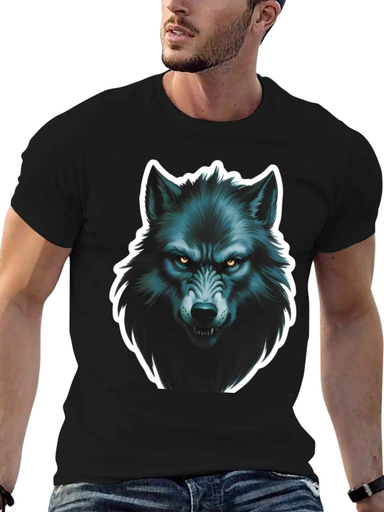 Black Men's Black Wolf Graphic T-Shirt view 6