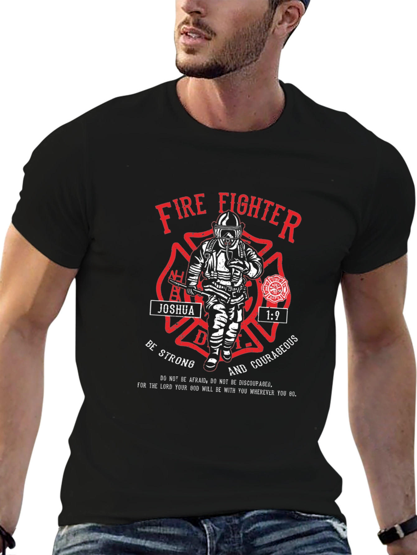 Black Firefighter Joshua 1:9 Graphic T-Shirt view 6