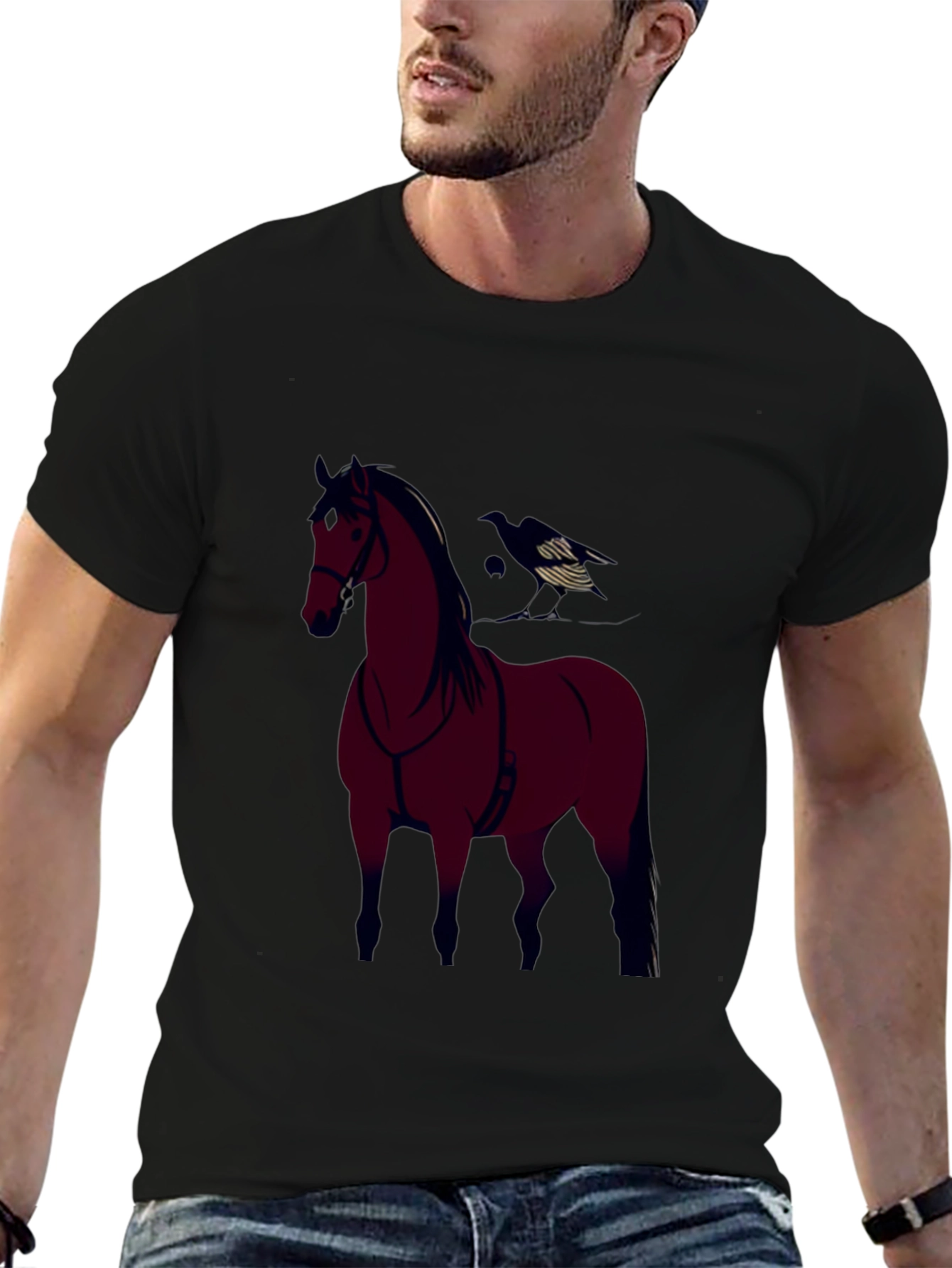 Black Horse and Crow Graphic Tee - Black Cotton Blend view 6